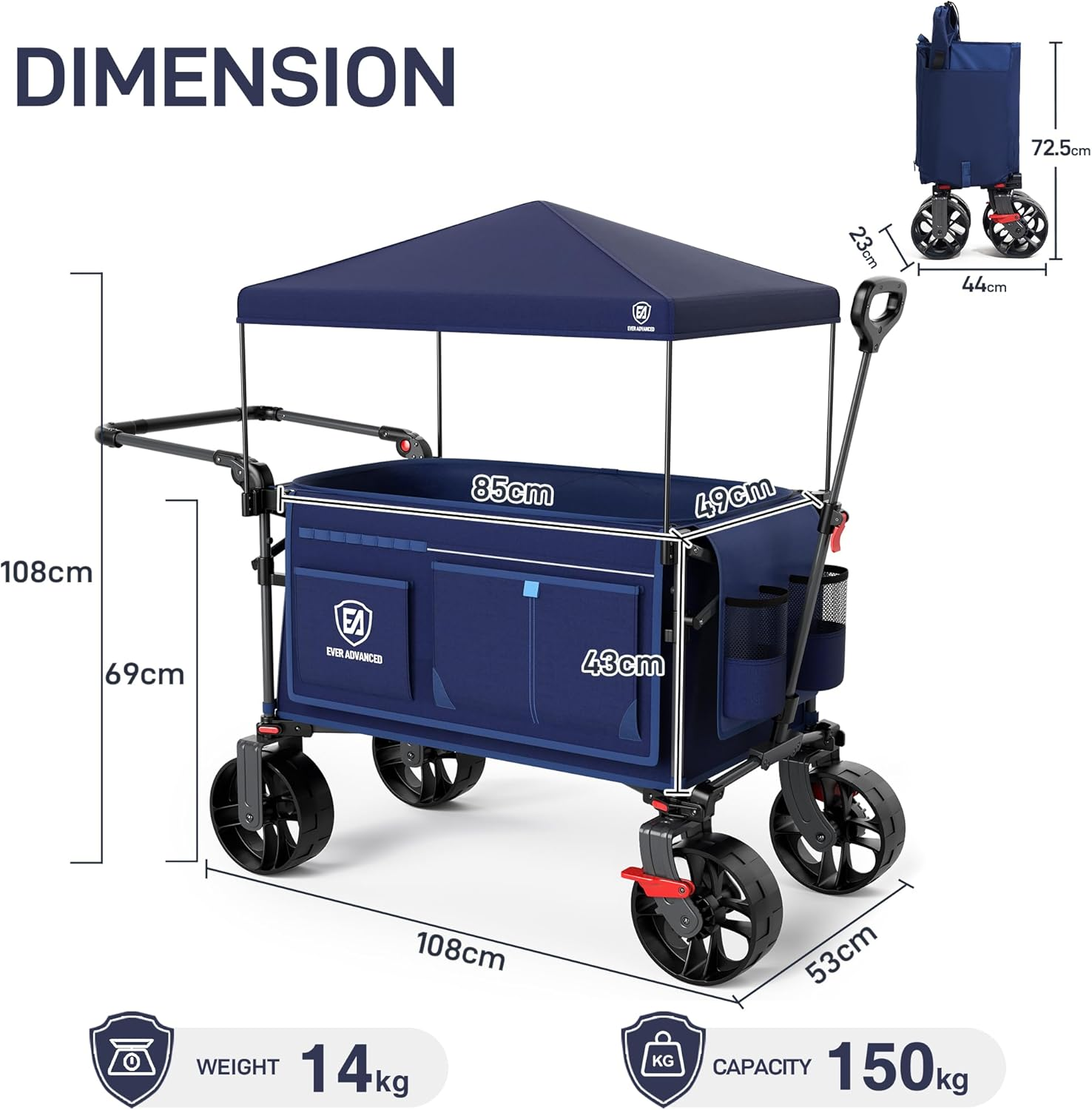 EVER ADVANCED Folding Wagon with Canopy Blue image number 4