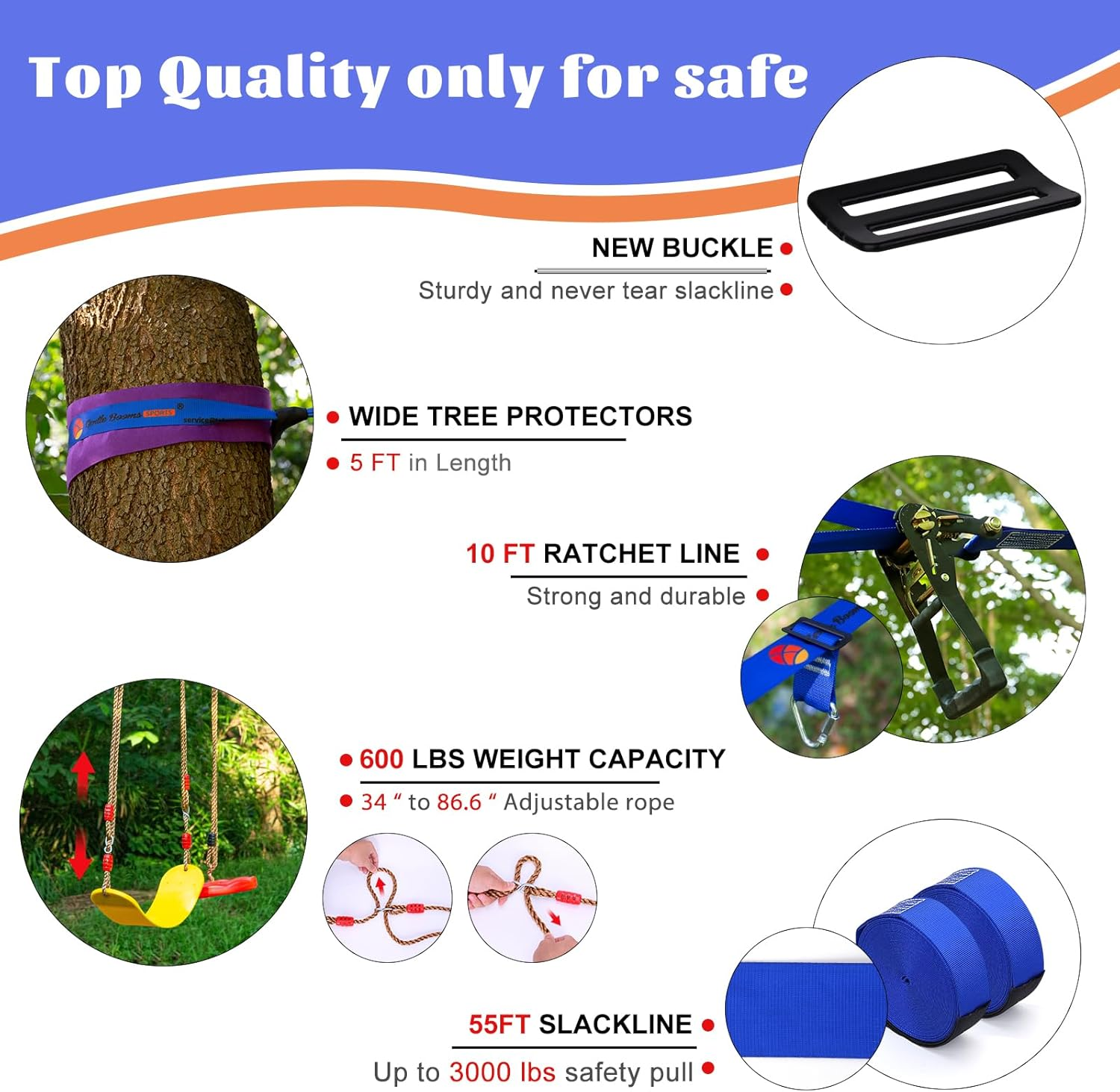 Ninja Warrior Obstacle Course for Kids, 2&times;56Ft Slackline Kit with 8 Ninja Accessories - Monkey Bar, Rope Ladder, Gymnastic Ring, Arm Trainer and Monkey Fist image number 6