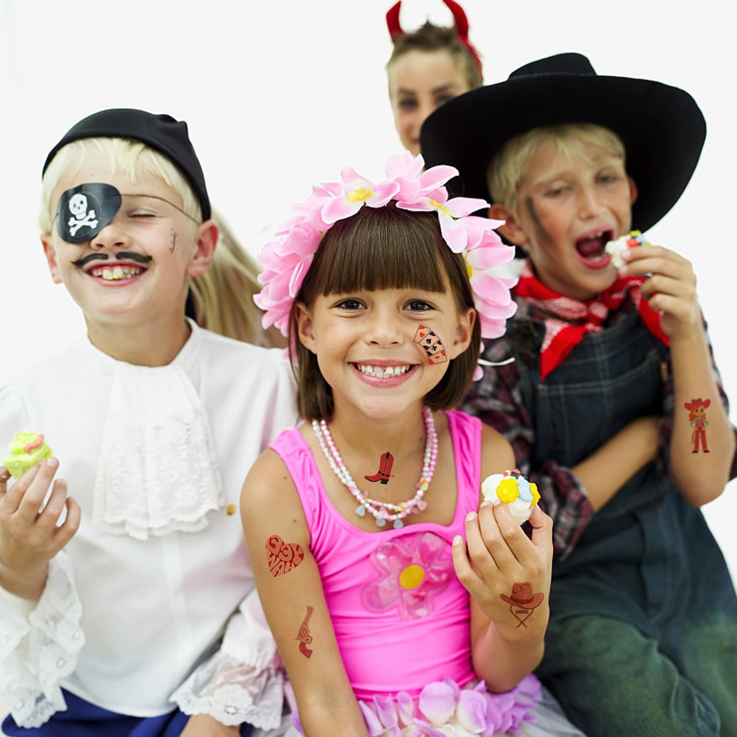 20 Tattoo Stickers, Pink Cartoon Cowboy Pattern Stickers, Cute Face Stickers for Kids Decoration, Party Temporary Tattoo Stickers image number 3