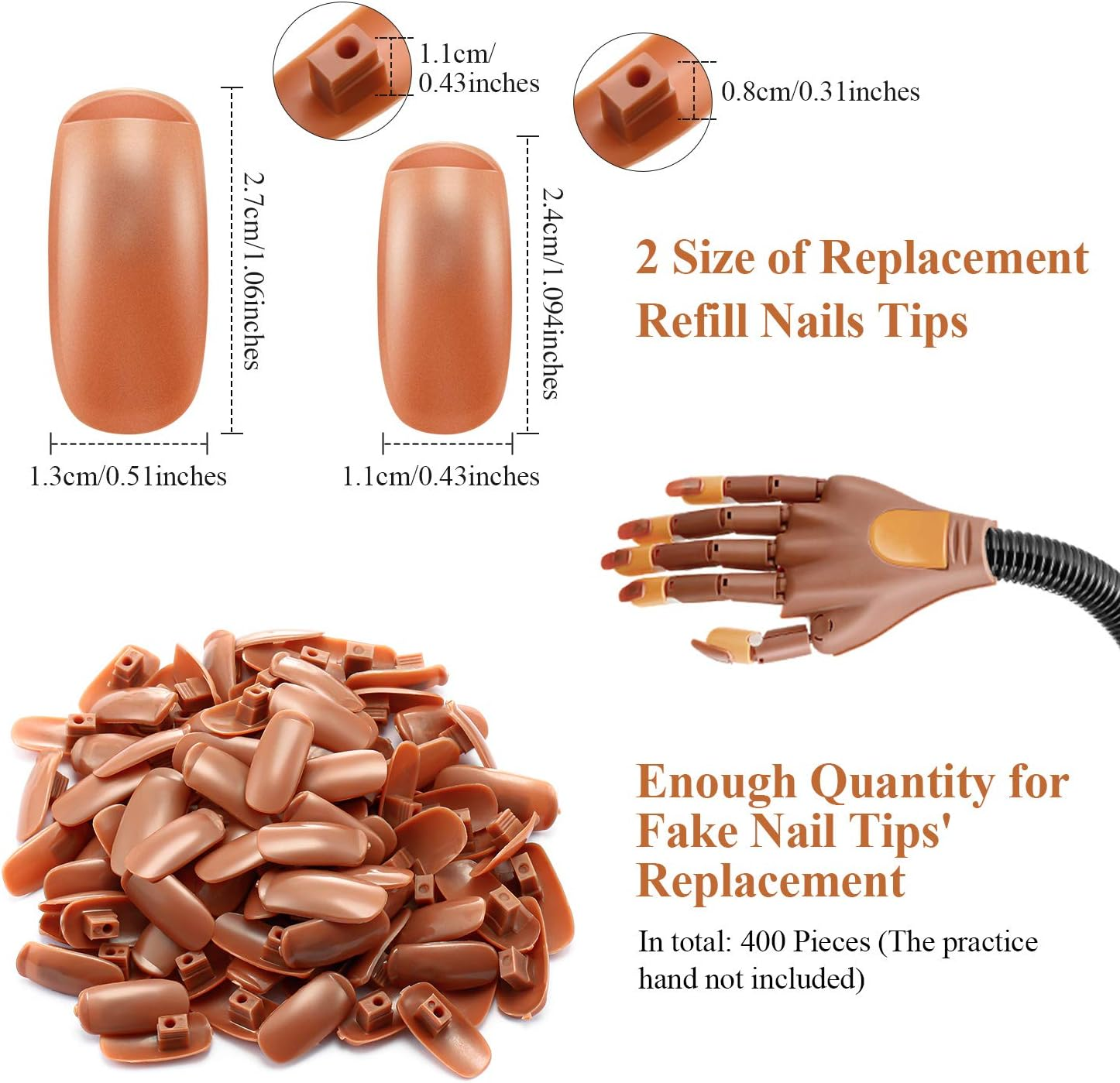 Blulu 400 Pieces Replacement Refill Nail Tips False Nail Tips for Flexible Nail Training Hand Practice Fake Nail Hand Nail Display Manicure Supply DIY Nail Practice (Brown) image number 6