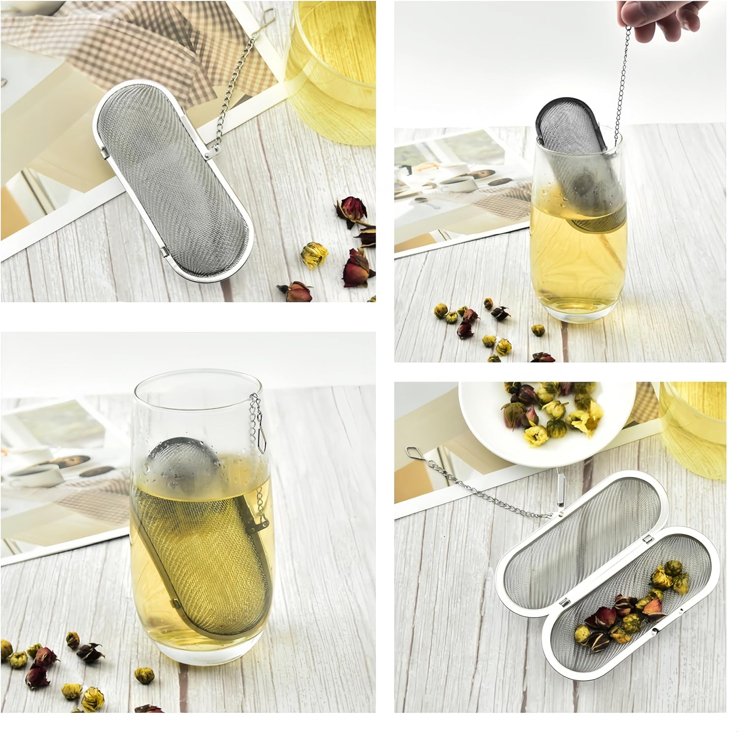 2 Pcs Tea Strainer, CAASFOOY Spice Strainer for Cooking,Tea Filter, Floating Stainless Steel Mesh Tea Infuser Oval Loose Leaf Tea for Kitchen Cooking Office Home Supplies (Silver)