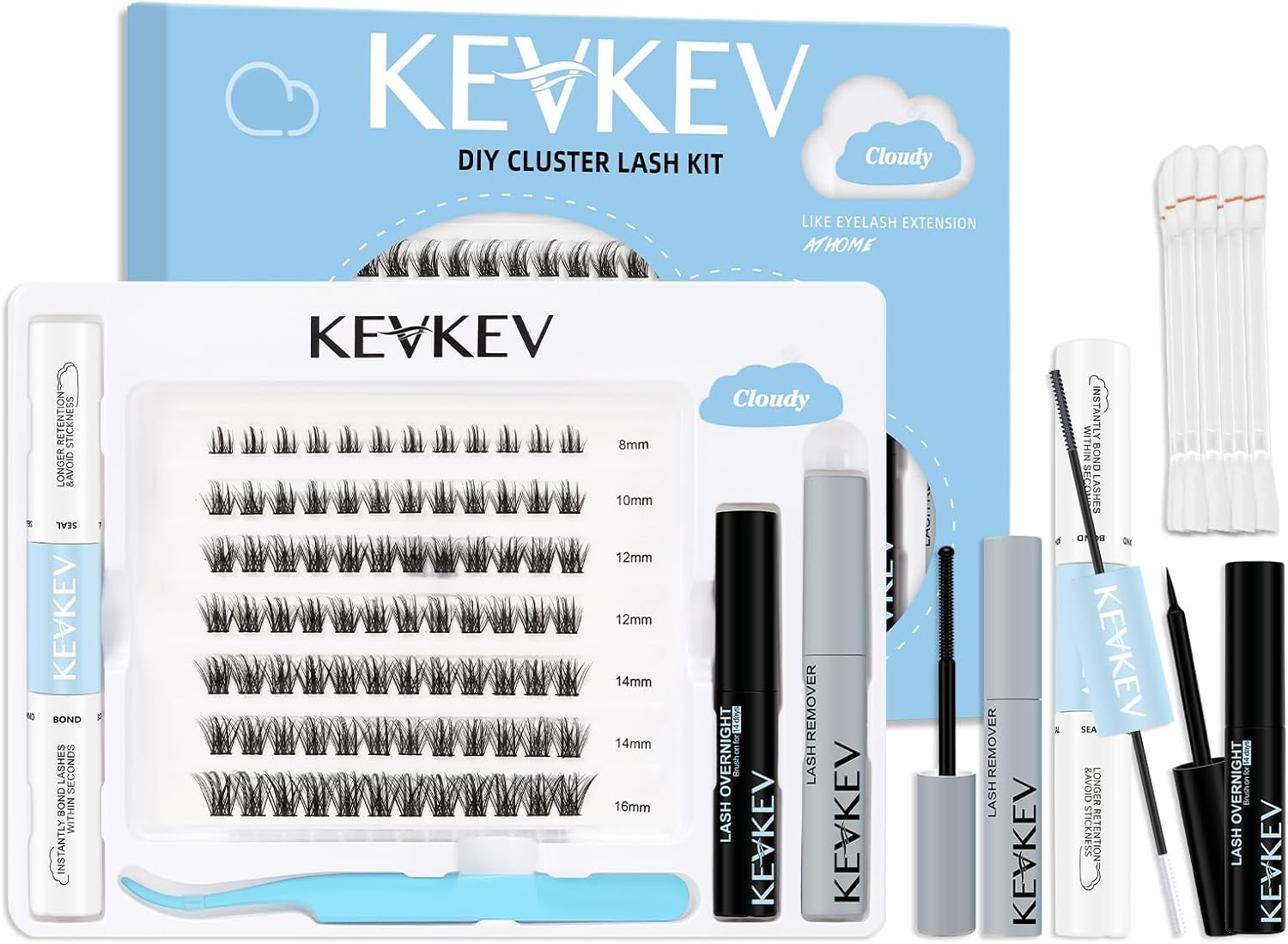 Kevkev DIY Lash Extension Kit Lash Clusters Kit 84 Pcs Cluster Lashes with Lash Bond and Seal 5 Ml Lash Glue Remover Overnighter Seal and Lash Applicator for DIY Eyelash Extension(Cloudy Kit,D-8-16Mix) image number 4