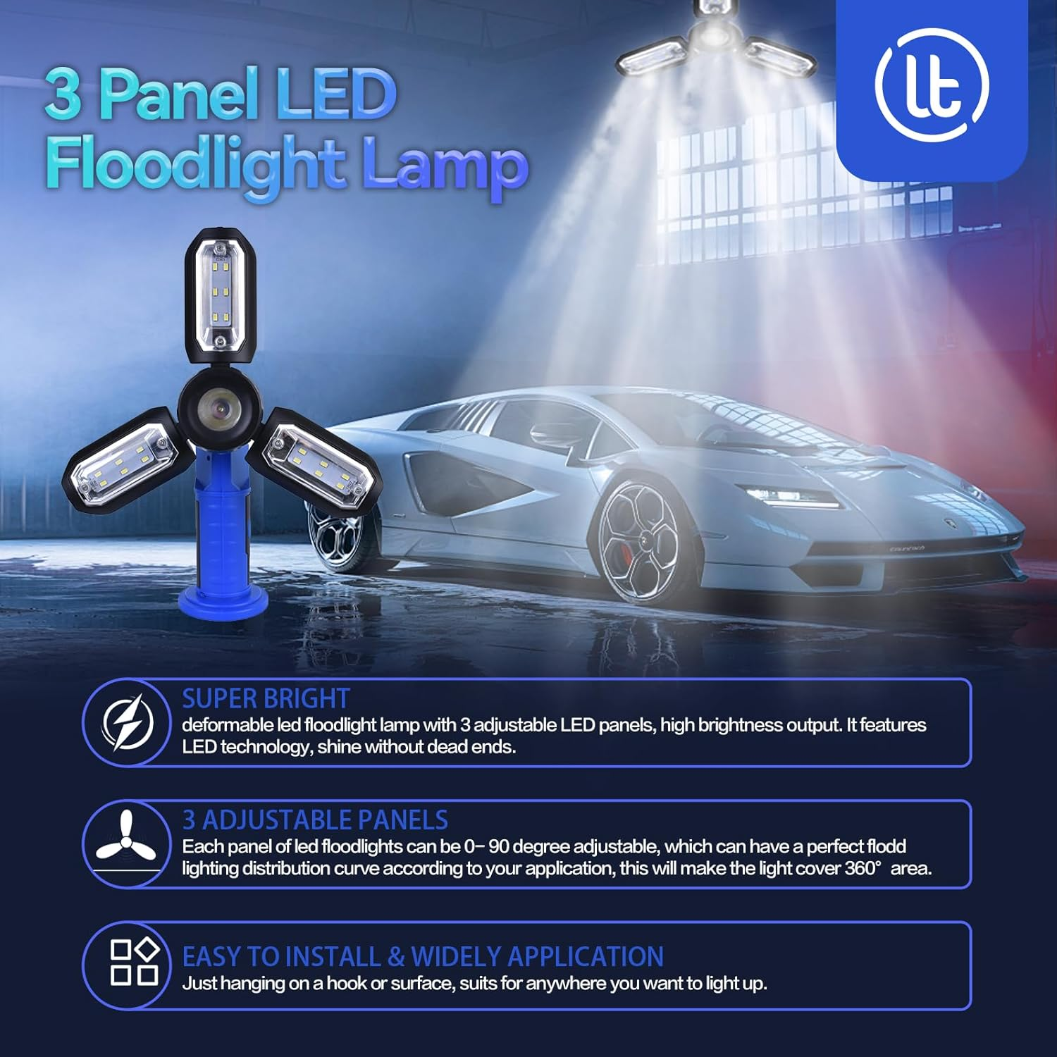 3 Panel LED Floodlight Lamp, Waterproof Work Light with Magnetic Base and Hook for Easy Installation,360&deg; Multi-Use Emergency Touch Flashlight for Outdoor image number 3