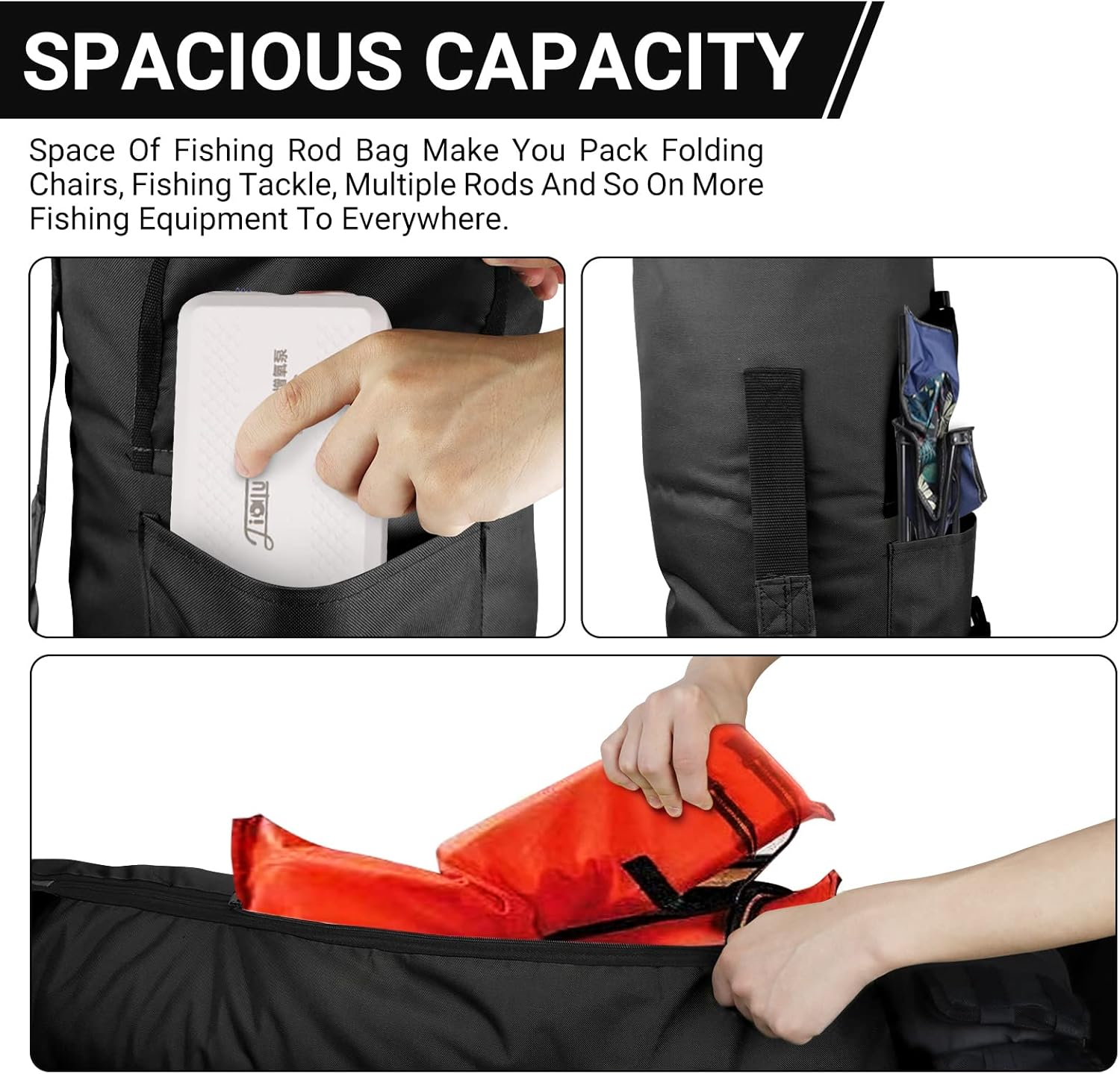 FOUUAAOOU Fishing Rod Bag, Fish Pole Case with Durable Folding Oxford Fabric, Portable Gear for Men Gifts (Black) - Black image number 2