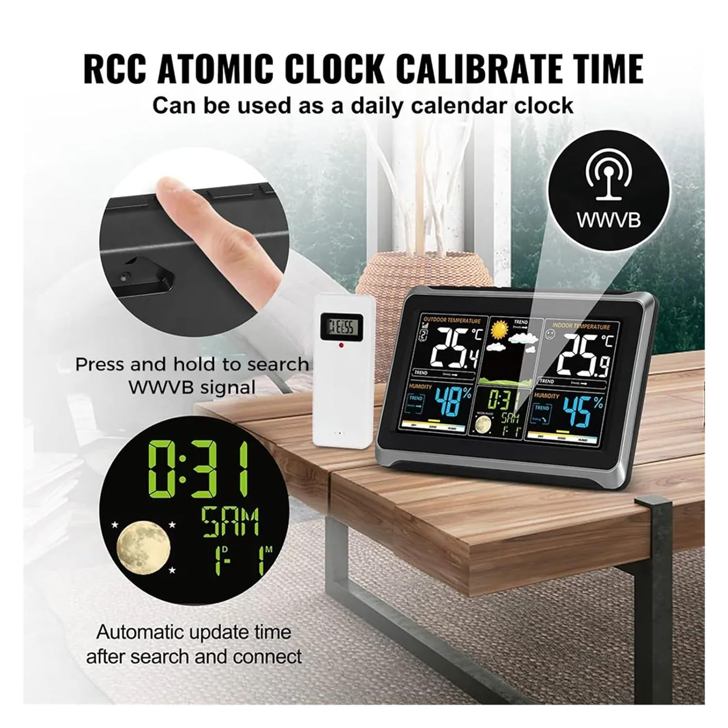 Weather Station Wireless Indoor Outdoor Thermometer, Color Display with Barometer, Calendar, Adjustable Backlight image number 4