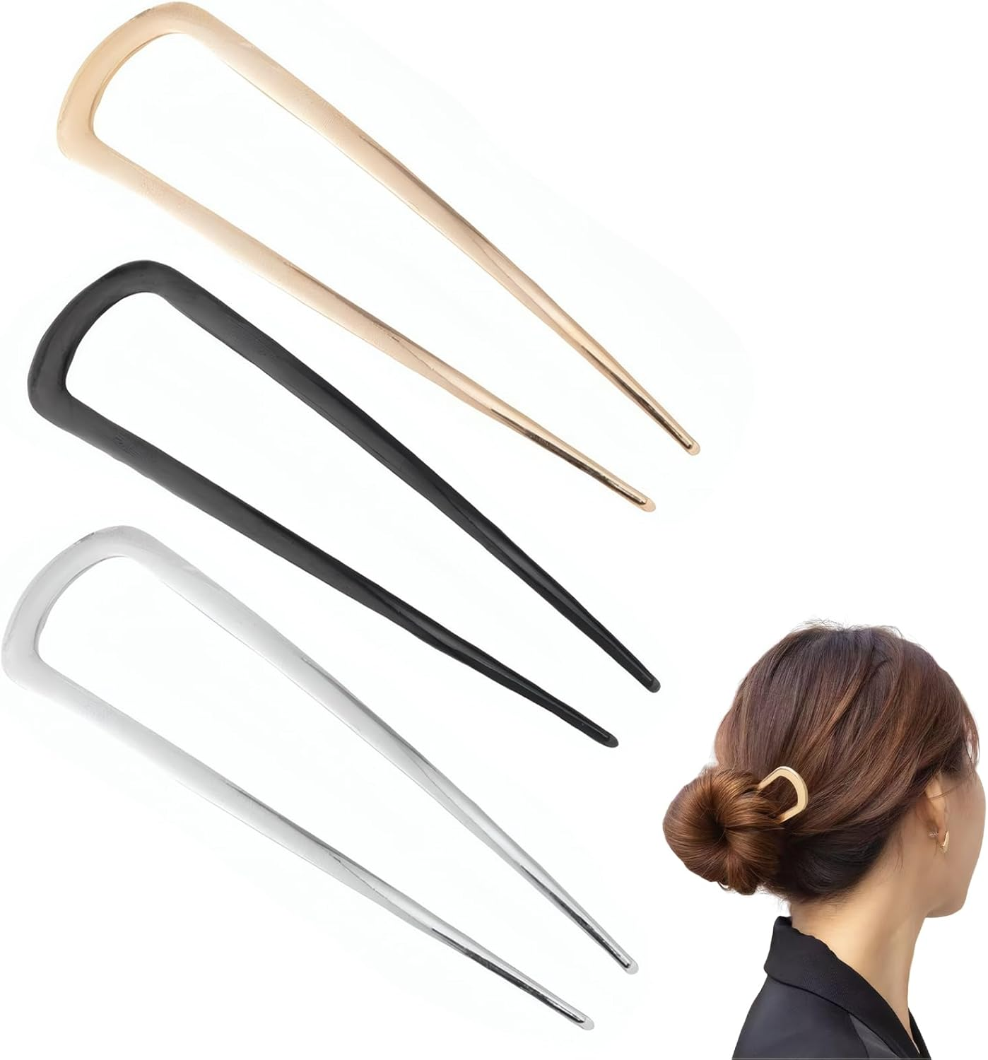Huotflame U-Shaped Hair Pins Set of 3 - Metal Hair Pins in Gold, Silver, Black - Non-Slip Bun Clips for Women with Thick Hair, Elegant Hair Clips for French Twist image number 3