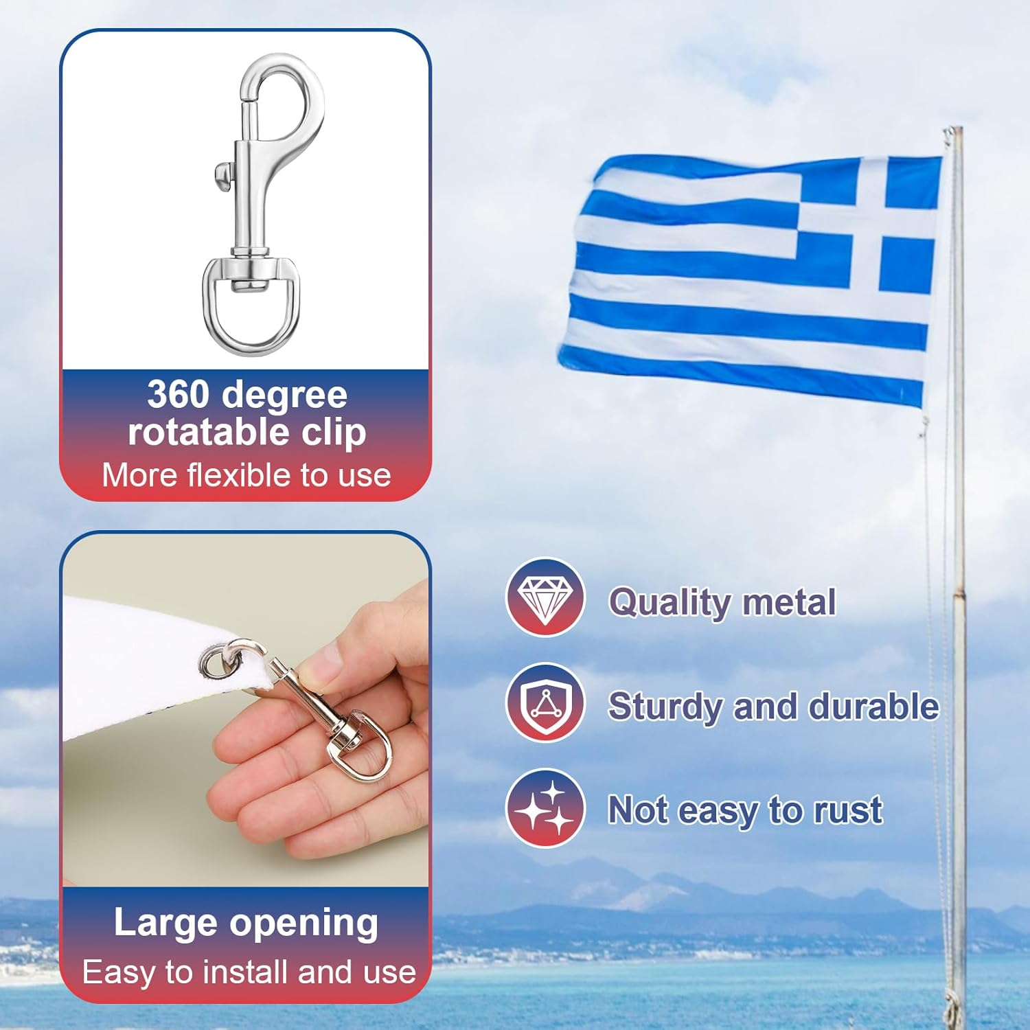 4 Pieces Flag Pole Rings, 360 Swivel Snap Hooks Heavy Duty Lobster Claw Clasps Buckle Clips for Dog Leash Camping Keychains Boat Rope image number 1