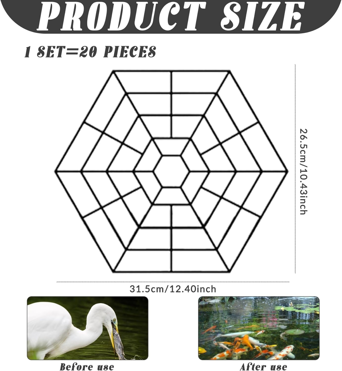 Pond Netting for Koi Ponds, 20Pcs/Set Hexagonal Pond Guard Pond Cover, Floating on Water Plastic Pond Net, Easy Installation Koi Pond Accessories Resist Herons Crows Pond Covers for Outdoor Fish image number 5