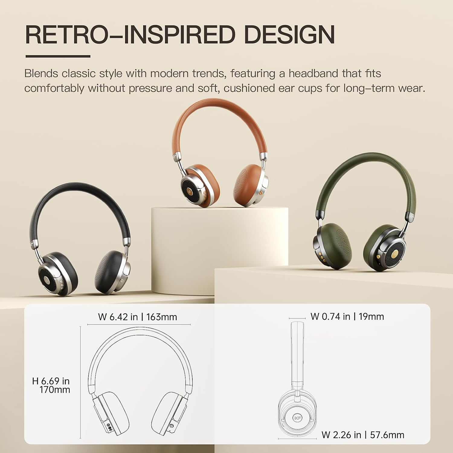 Ikf Rona Adaptive Retro Wireless Headphones, On-Ear Bluetooth Headphones with Hybrid Active Noise Cancelling, Hi-Res Audio, up to 75 Hours Playtime, HD Microphone, Transparency Mode for Travel (Green) - Black image number 2