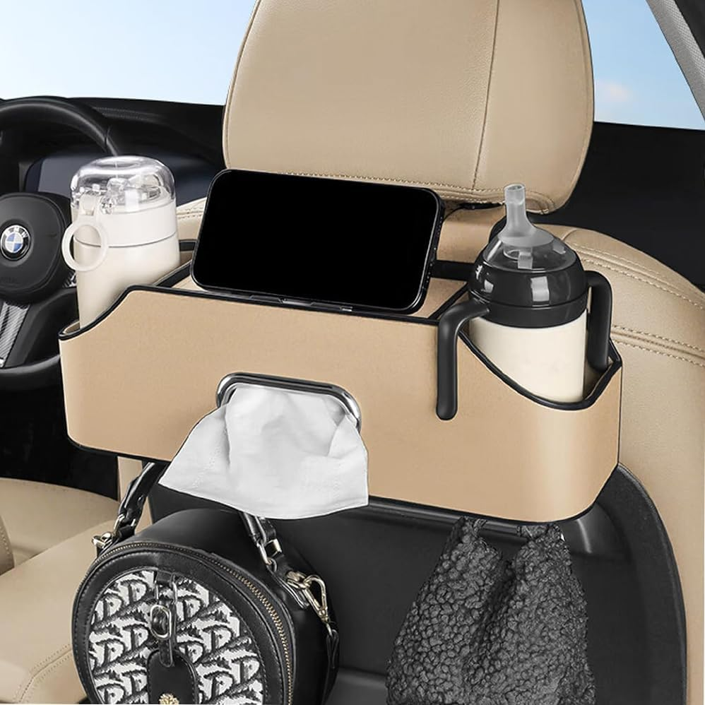 Car Seat Back Organizer,With 2 Cup Holder & Tissue Box and Storage Box Hook Food Sauce Storage Holder Car Interior Accessories for Driving, Travel, Road,Waterproof and Scratch Resistant(Beige) image number 2