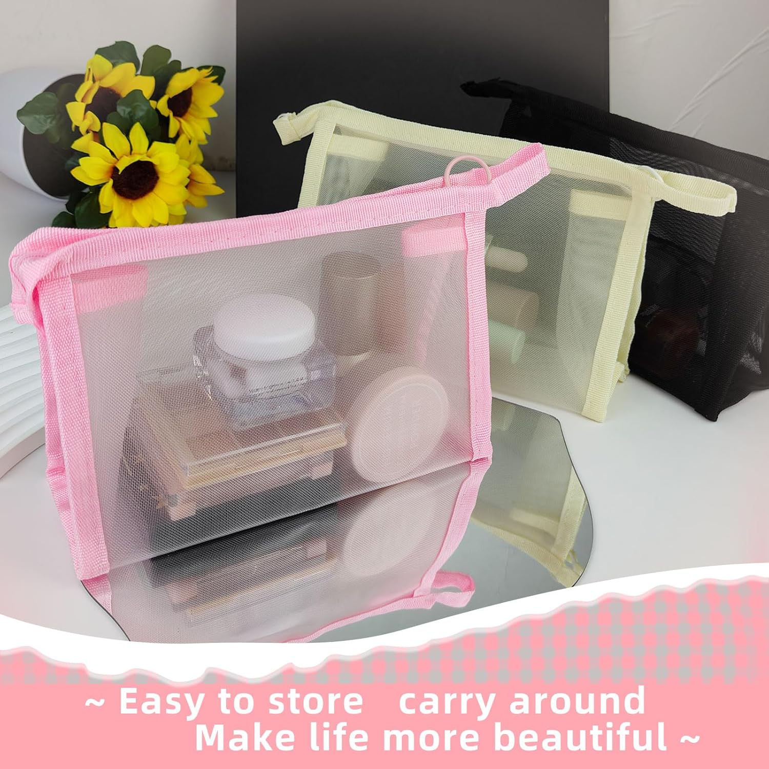 Funincrea Mesh Travel Cosmetic Bag Nylon Toiletry Bag Small with Zip Make up Organiser 19 X 13 Cm Triangle Makeup Bag Portable Cosmetic Bag for Cosmetics Toiletries, Pink, 19X13Cm, Modern image number 2