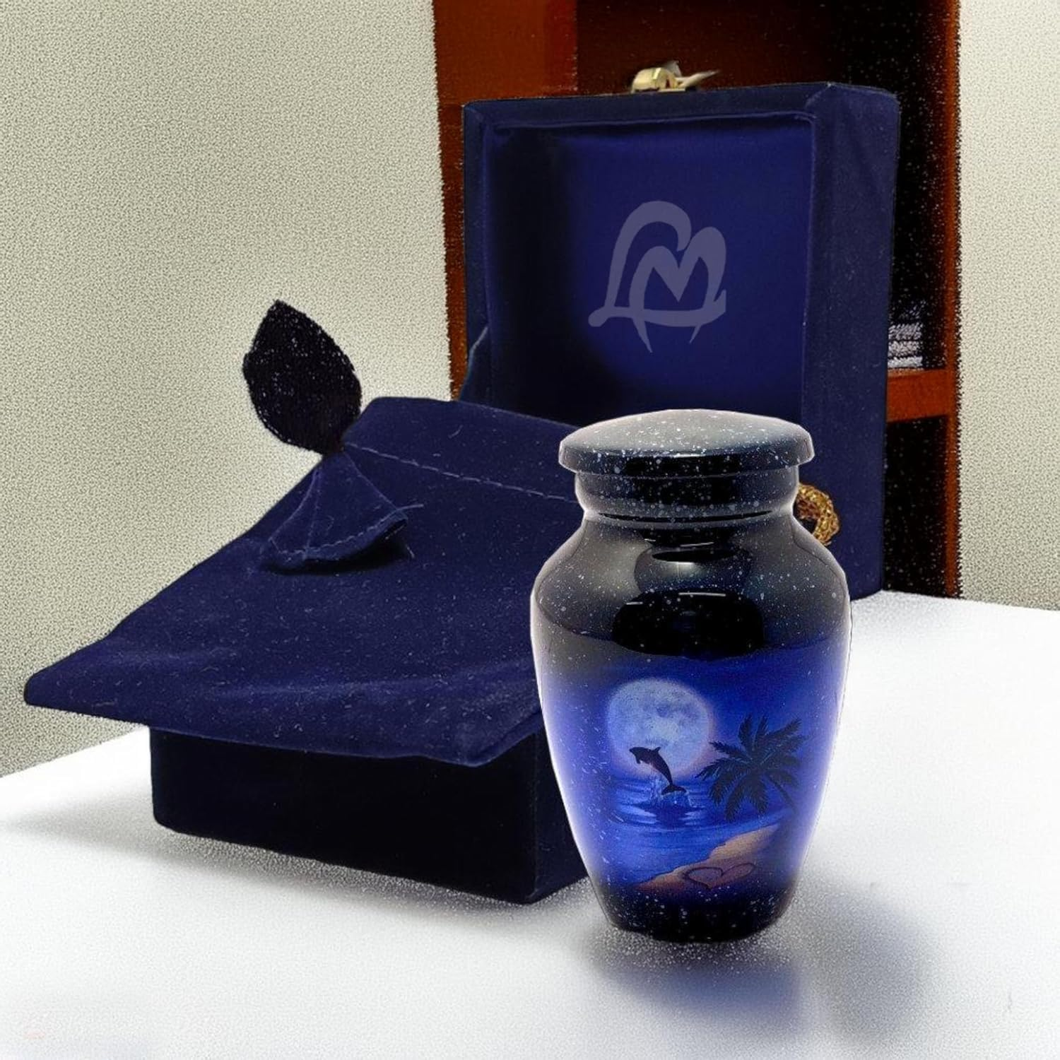 Keepsake Urn - Moon Dolphin with Moon Keepsake Cremation Urn for Human Ashes, Black Blue Aluminium, 3 Cu.In image number 4