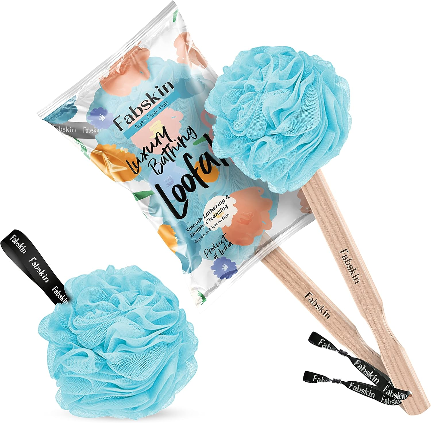 FABSKIN Luxury Bath Loofah Duo Pack | Peach | Loofah for Men and Women | Bath Brush Body Back Scrubber with Wooden Handle for Bathing with round Loofah | Made in India (Blue) image number 3