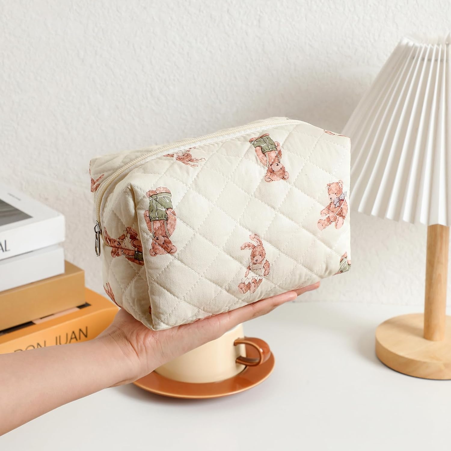 Cute Small Makeup Bag,Quilted Floral Cotton Cosmetic Pencil Pouch, Quilted Flowers Pencil Case with Zipper, Kawaii Travel Toiletry Bags for Purse, 12White Bear - 02Blue Flower image number 2