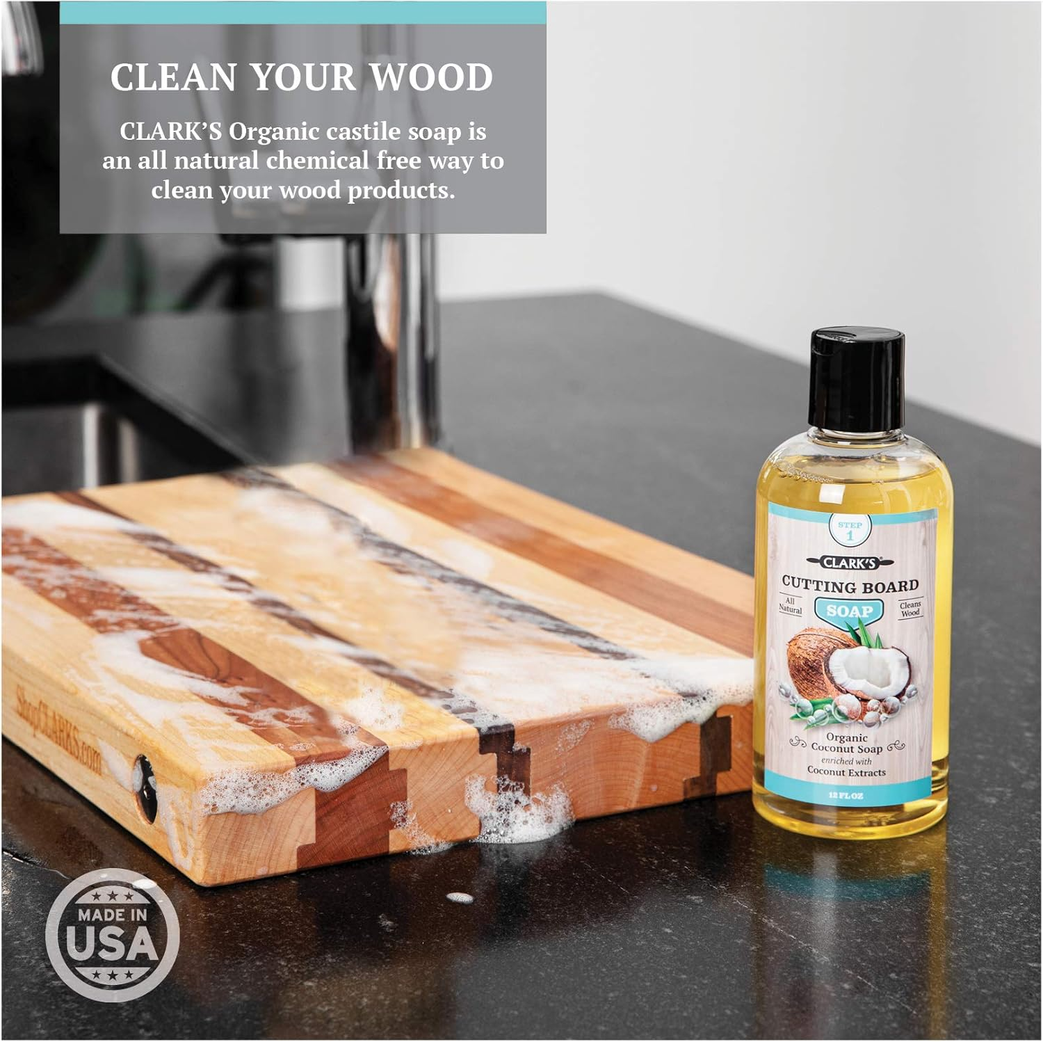 CLARK'S Cutting Board Care Kit with Coconut Oil - Includes Wax, Soap, Scrub Brush, Buffing Pad, and Applicator - for Kitchen Countertops, Butcher Blocks, Wooden Bowls and Utensils - Food Safe image number 4