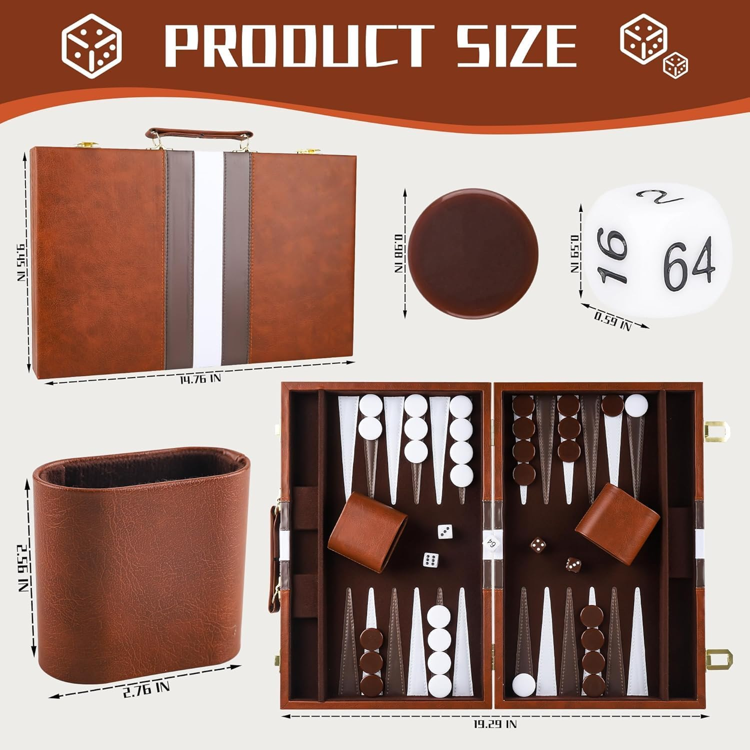 Backgammon Set, 38 CM Travel Backgammon Set with Premium Leather Case(Adults and Kids with Strategy & Guide)-Brown
