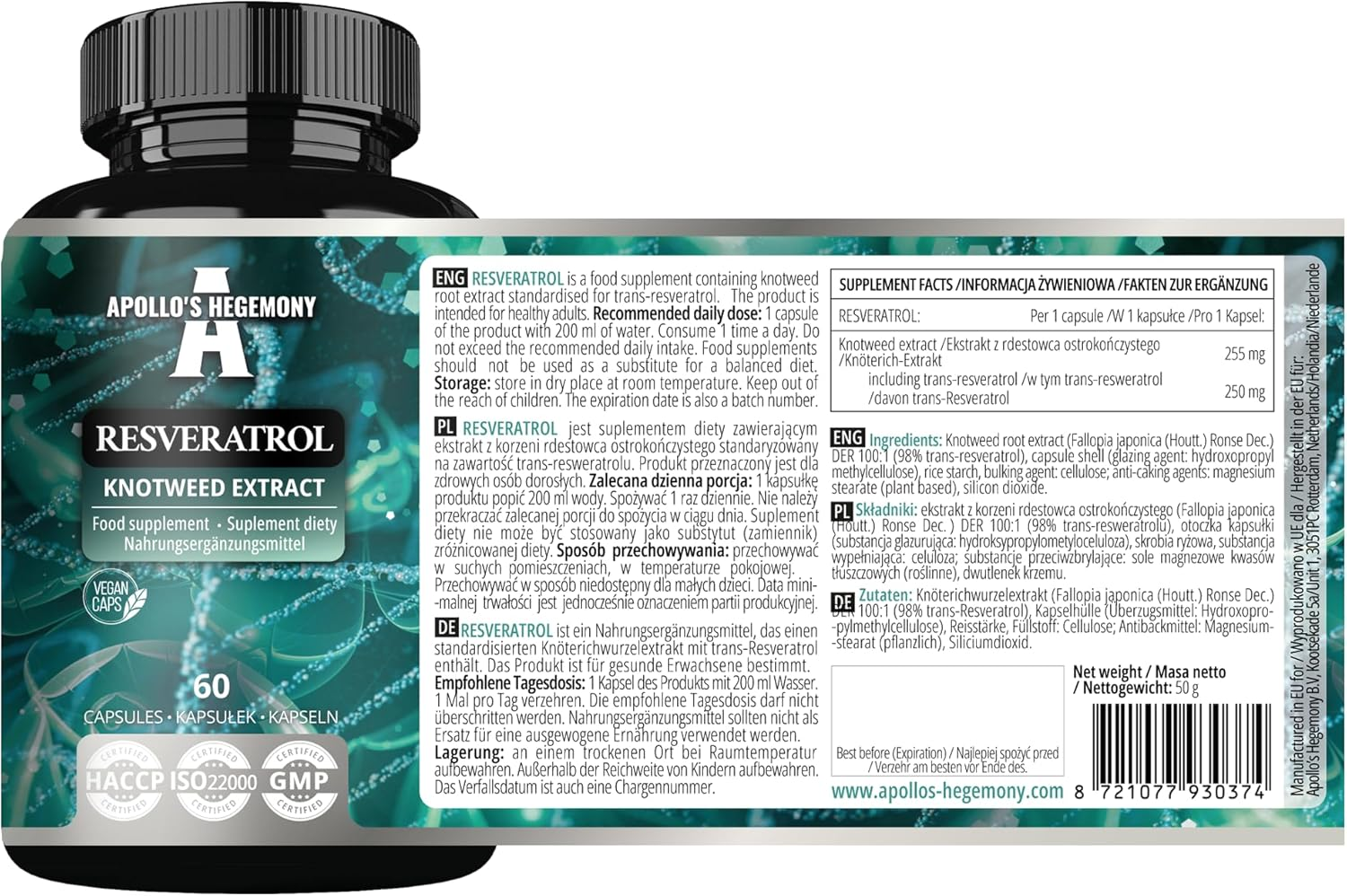 Resveratrol High Dose 400 Mg - 60 Vegan Capsules - 2 Months Supply - 98% Trans-Resveratrol from Japanese Knotweed Extract - Natural Antioxidant - by Apollo'S Hegemony image number 4