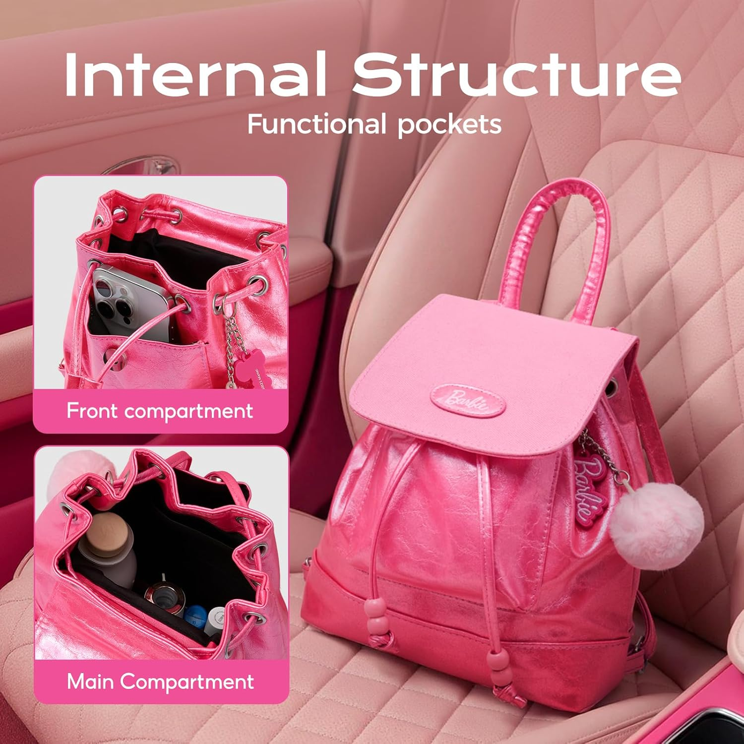 MINISO Barbie Mini Backpack for Women & Girls, Leather Pink Purse with Adjustable Straps, Cute Doll-Themed Bookbag Daypacks for School, Travel, Cosplay, Giftable Fashion Accessory image number 2