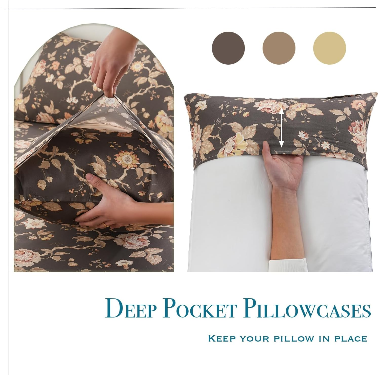 Zusbest Dark Brown Floral Bed Sheets Set - Queen Size Percale Cotton Shabby Rustic Peony Flower Print Bed Sheets - Soft Breathable Mocha Classic Vintage Bedding 4 Pcs Deep Pocket Flower Bed Sheets image number 2