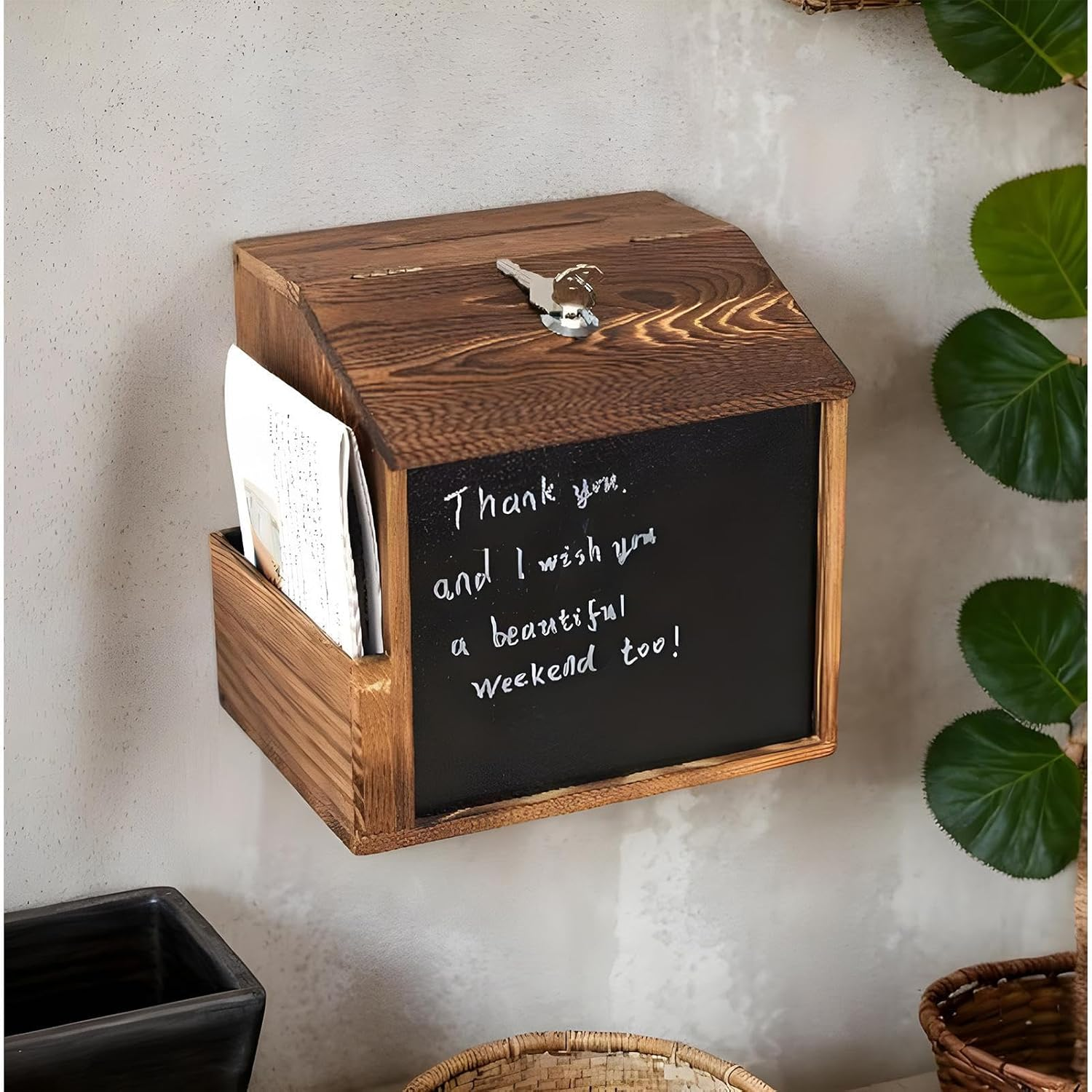 Vgvgaj Suggestion Box - Comment Box - Vintage Wooden Locked Secure Wall Vault Mailbox with Blackboard for Outdoor Fundraising Church image number 4