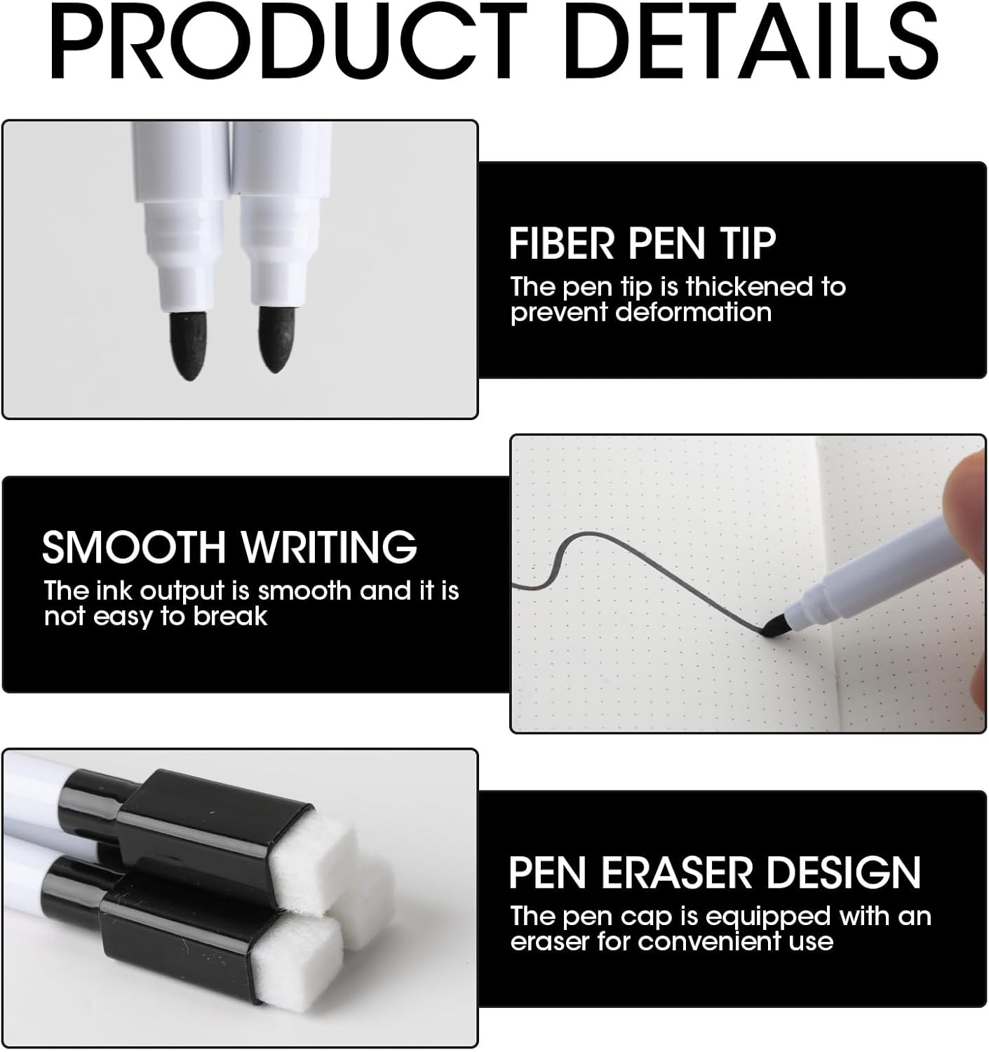 12 Pcs Whiteboard Marker with Eraser, Dry Erasable Markers Fine Point Tip Black with Eraser Cap, White Board Pens for School Office Home Teacher Student Supplies image number 5