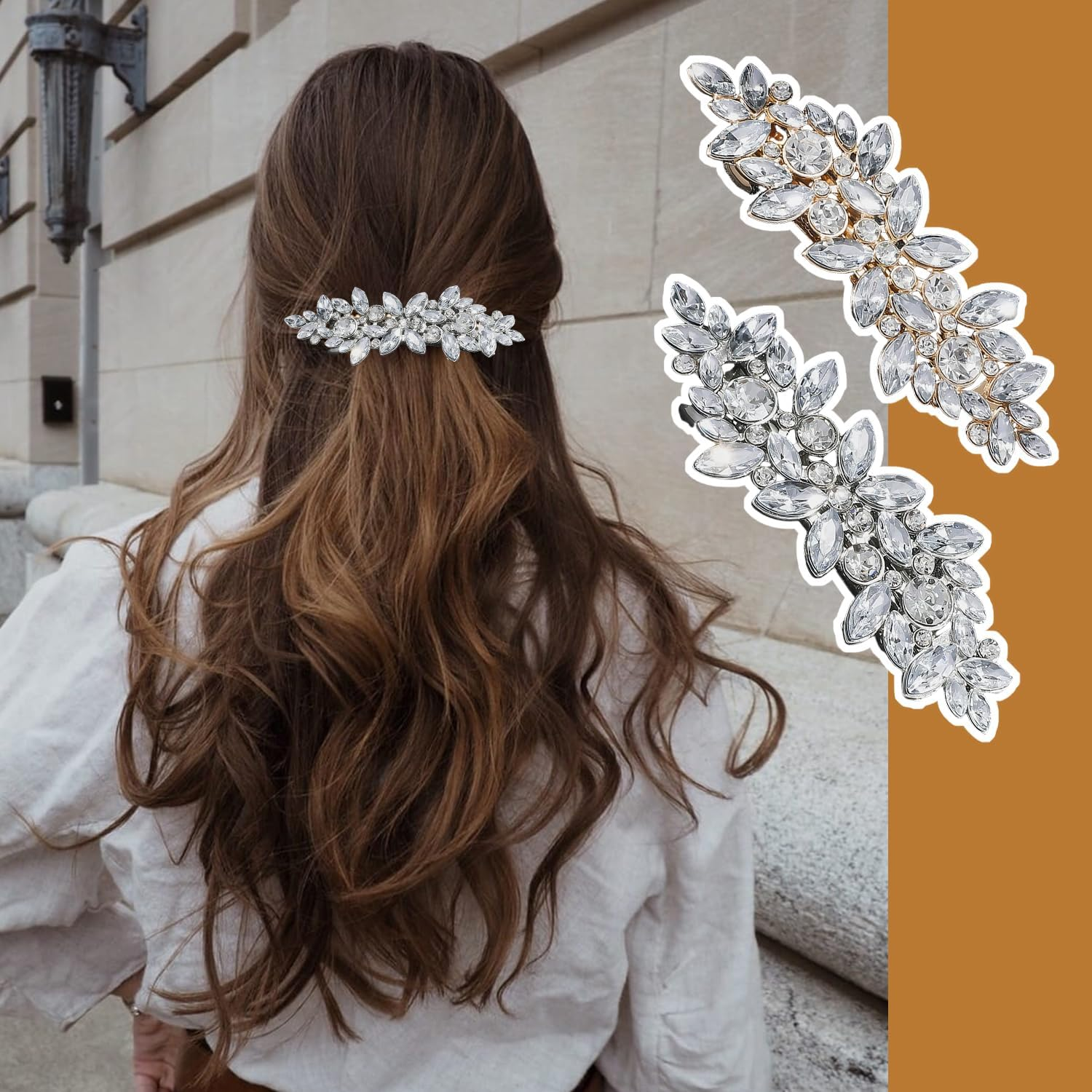 2 Pieces Rhinestone Hair Pins, Shiny Crystal Hair Accessories, Flower Shaped Side Clips, Bridal Headpiece, Suitable for Wedding and Dinner (Gold, Silver) image number 2