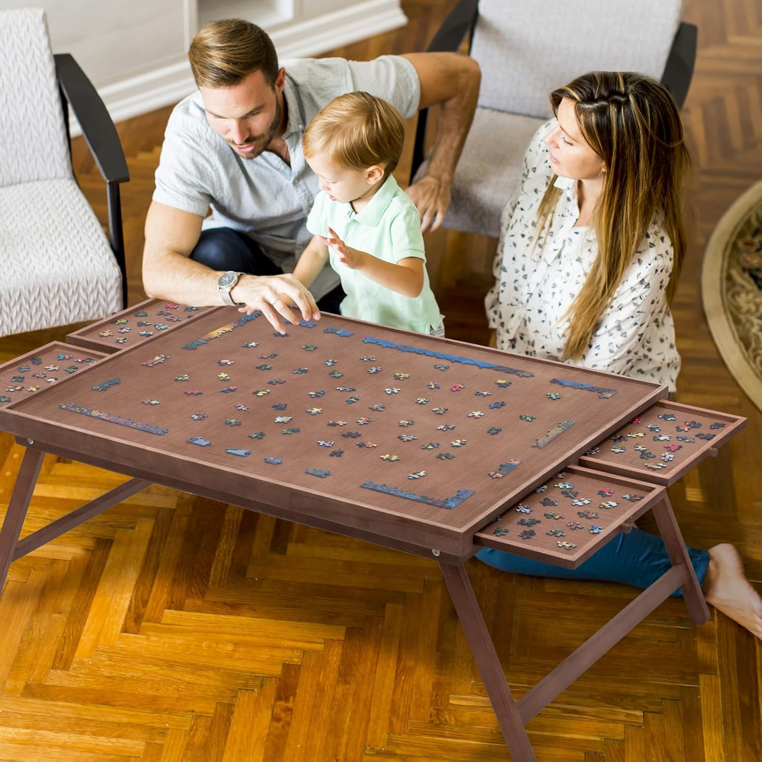 TEAKMAMA 1500 Piece Wooden Jigsaw Puzzle Board with 4 Drawers, Folding Puzzle Table with Protective Cover, Multifunctional Puzzle Board for Adults, 34W X 26.3D, Chocolate Brown image number 4