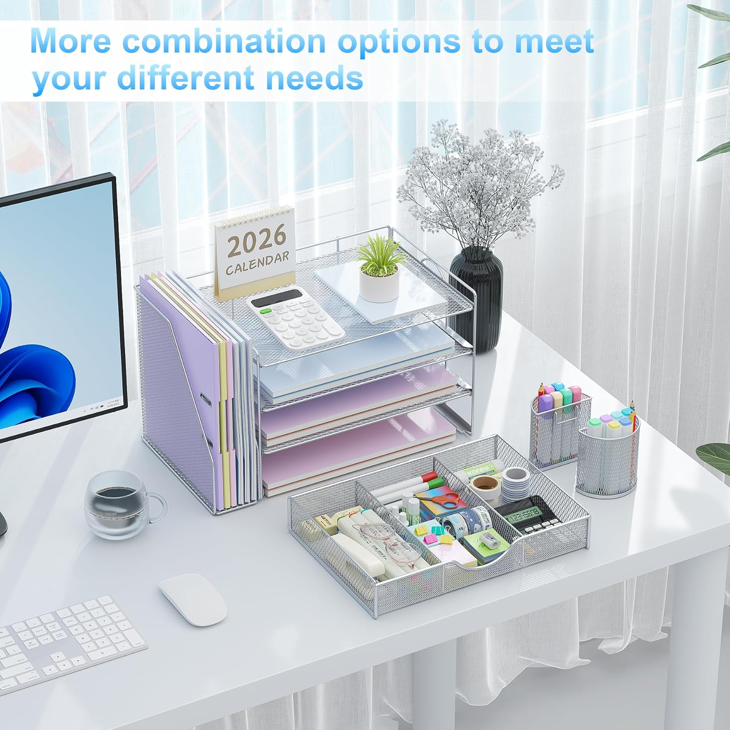 Gianotter Paper Organizer with File Holder for Desk, 4 Tier Letter Tray Office Desk Organizers and Accessories - Workspace Organizers with Drawer and 2 Pen Holder for Office Supplies (Grey), 4T-2 - Blue image number 2