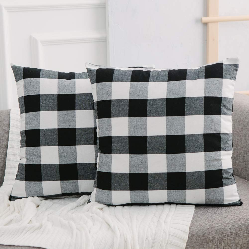 2 Piece Black White Cotton Buffalo Check Plaid Decorative Square Throw Pillow Cover with Invisible Zipper for Bench, 40Cm X 40Cm image number 2