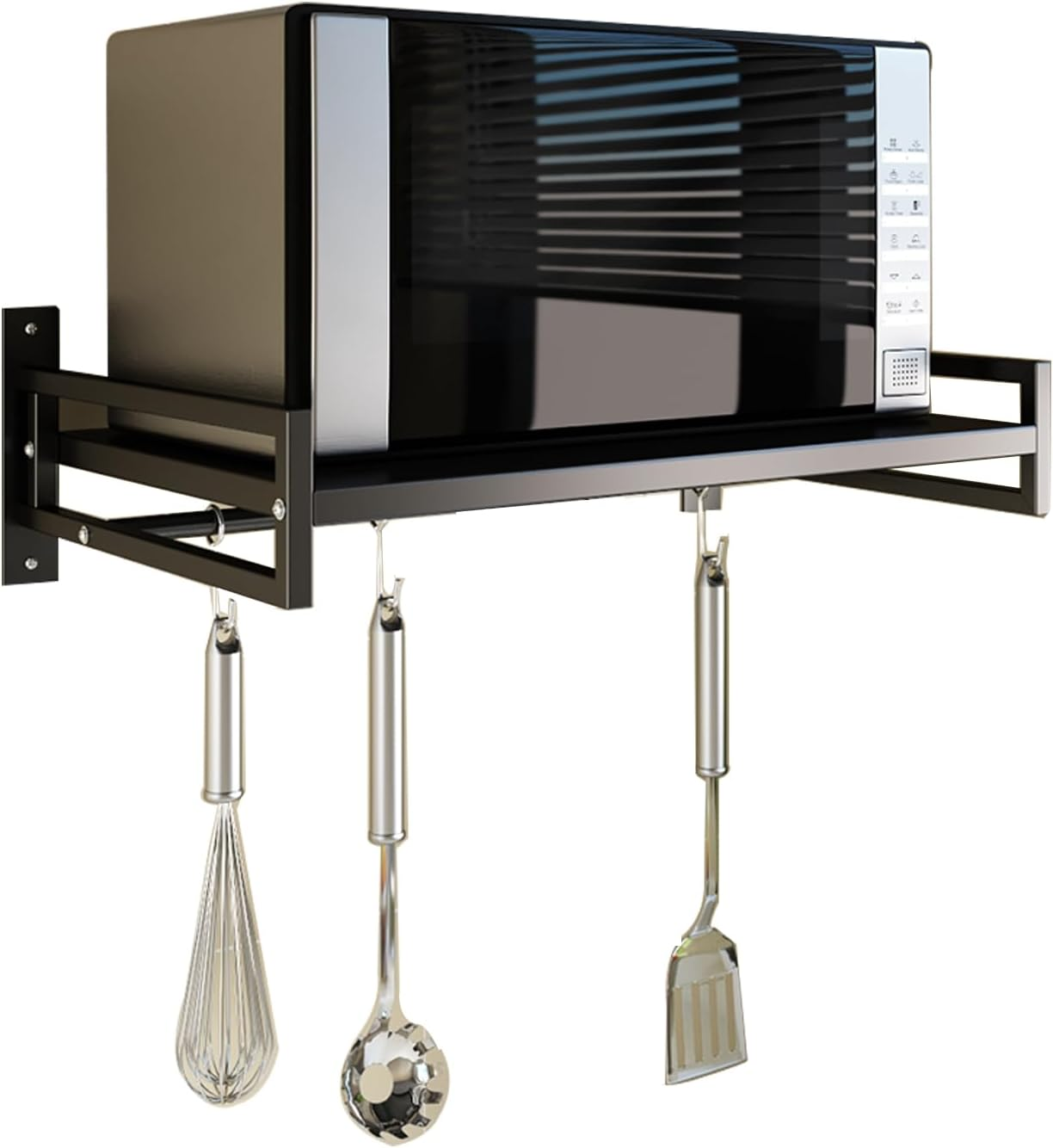 ABCOOL Wall Mount Microwave Oven Shelf Rack for Kitchen Home, Carbon Steel Counter Countertop Holder with Hook Rail and 3 Slidable Hooks