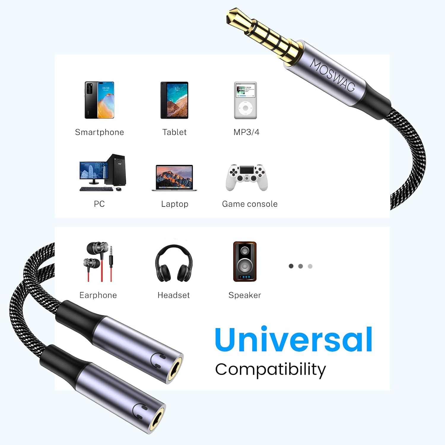 MOSWAG Headphone Splitter, 3.5Mm Male to 2 Female Audio Y Splitter, 4-Pole Nylon Braided Male to Female Dual Headphone Jack Adapter for Apple, Samsung, Tablets image number 3