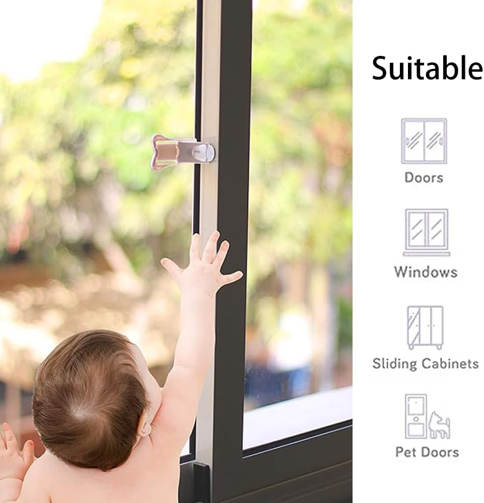 Sliding Door Lock for Safety, 4 Pack No Drill Adhesive Security Latches for Sliding Glass Doors Cabinets and Windows image number 1