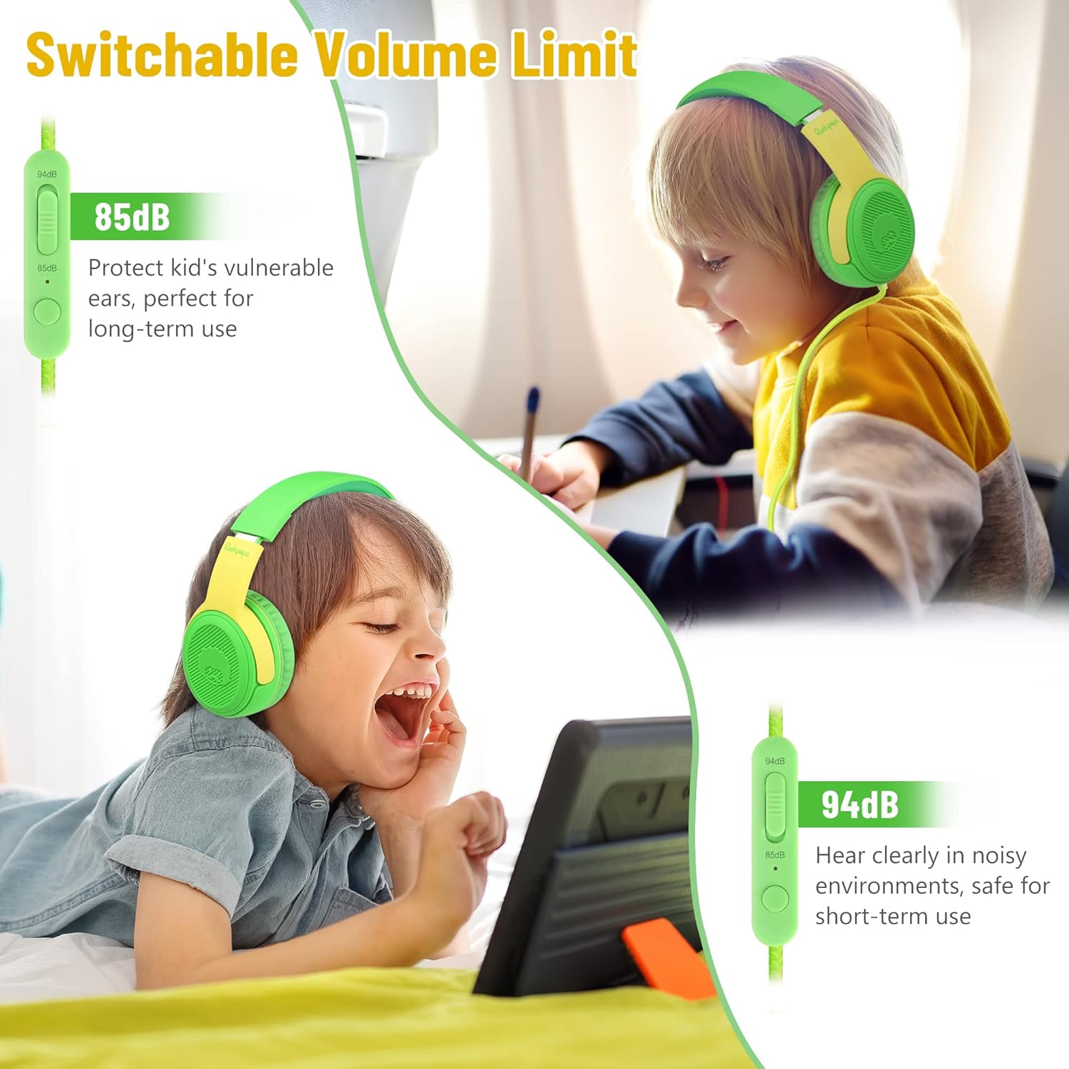 Rockpapa Share 1 Kids Headphones, Wired Headphones with Microphone, 85/94Db Volume Limited, Sharing Function, Foldable, Adjustable, Childrens Headphones over Ear for School/Travel/Phone/Pc/Mp3 - Black/Grey image number 3