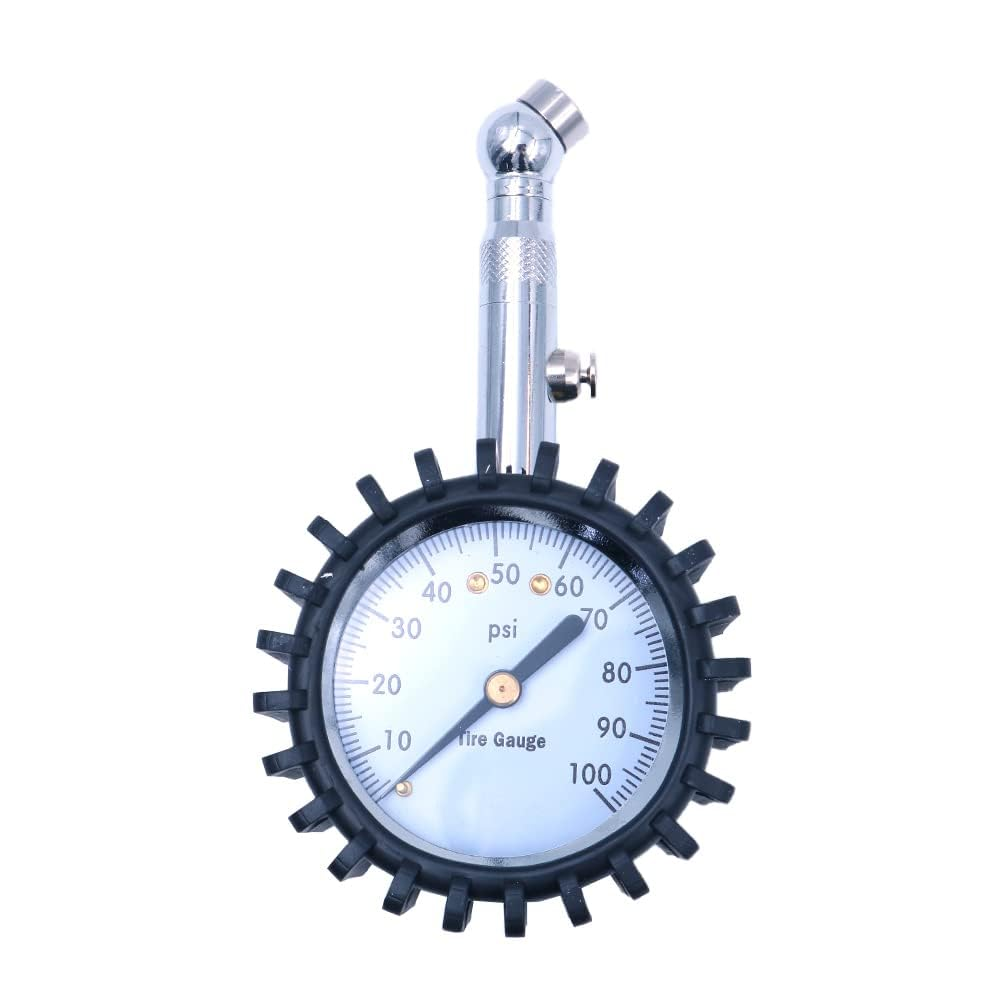 Tyre Pressur Gauge 2" Dial 360 Degree Rotation Heavy Duty Car & Motorbike with Chucks -100 PSI, Compact Size Light Weight Discharge Valve Silver Colour
