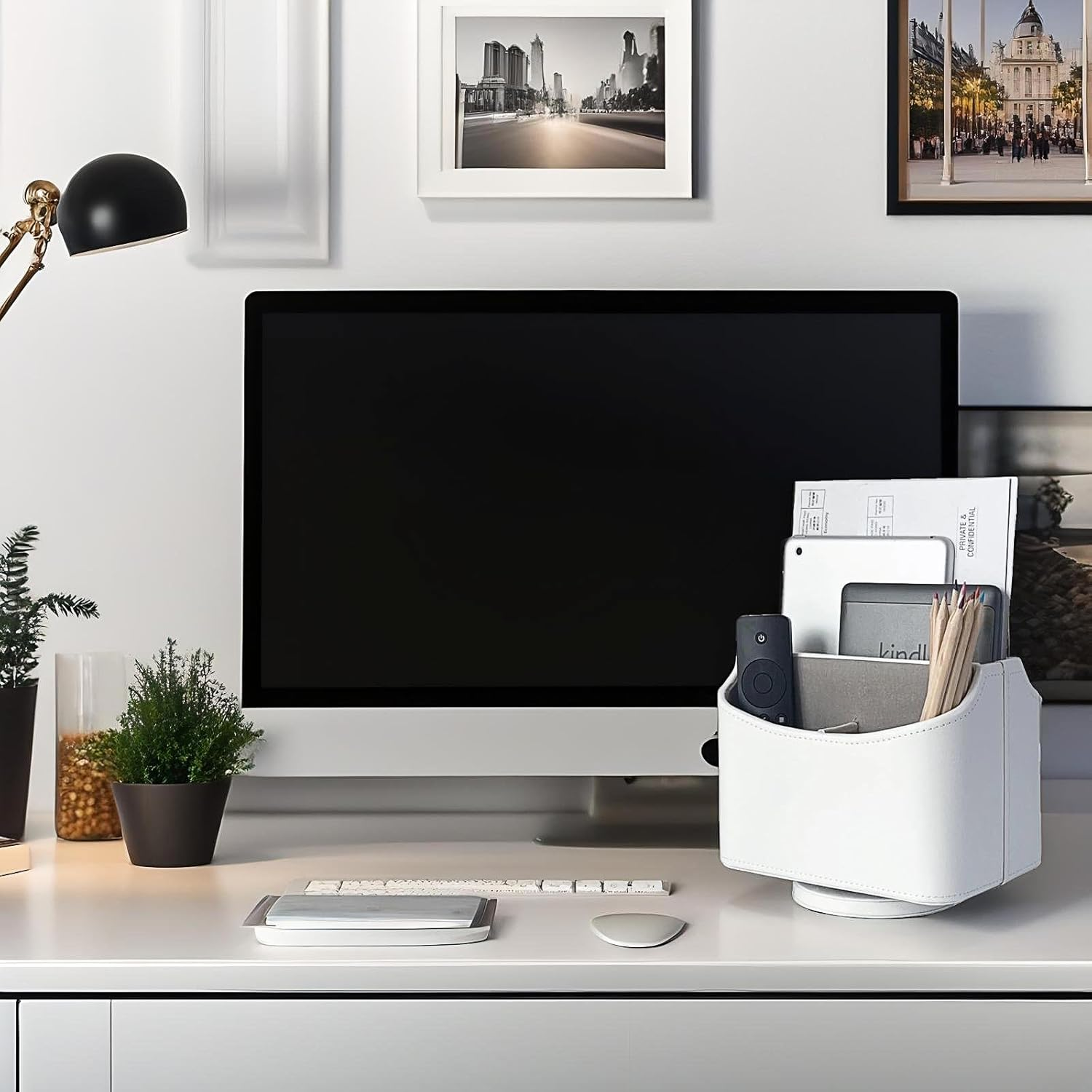 Unionbasic Rotating Desk Organizer, 360 Degree Desk Spinning Caddy, Desktop TV Guide/Mail/Media/Remote Controller Holder Organizer (White) - Crocodile White image number 4