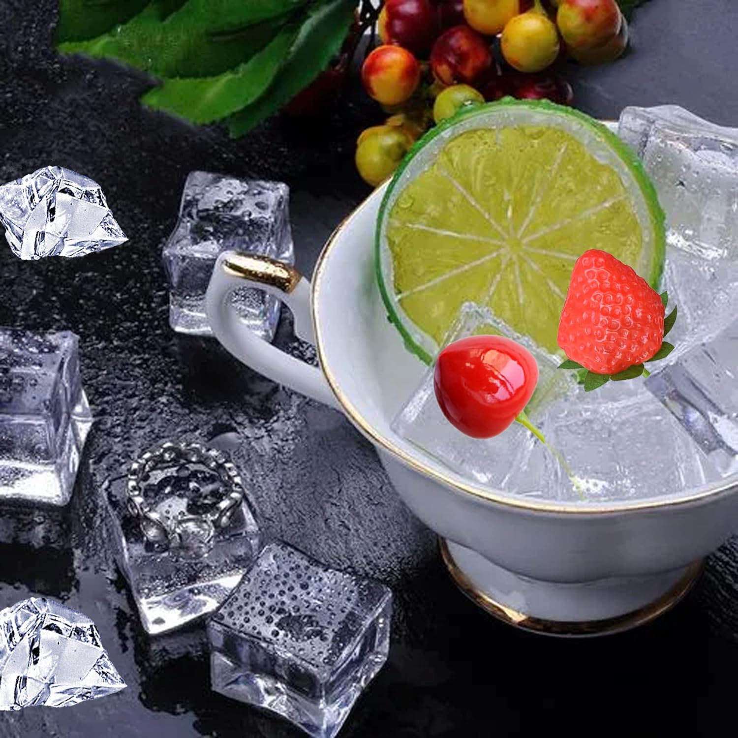 Chewarelly 70 Pcs Fake Fruits Ice Cube Set, Include 10 Artificial Lemon Slice 10 Simulation Cherries 5 Fake Strawberry 45 Fake Crushed Ice and Ice Cubes for Home Kitchen Decoration - Color Ice With Lemon Strawberry Cherry image number 5