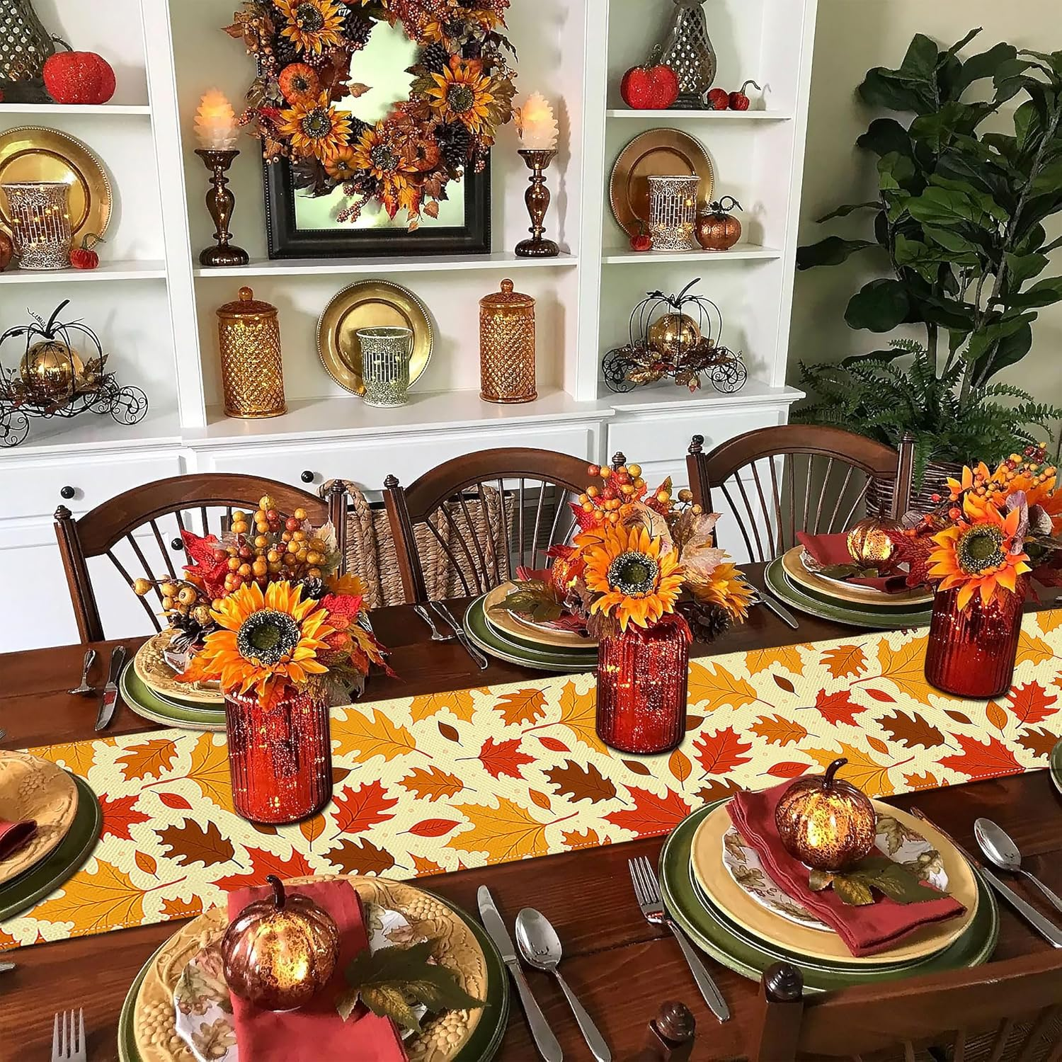 Lucleag Fall Maple Leaves Table Runner for Thanksgiving Autumn Home Dining Decoration, 13X72 Inch image number 5