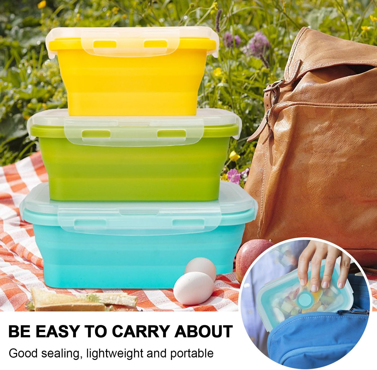 4-Pack Collapsible Food Containers, Silicone Storage Set with Lids, Silicone Lunch Bento Box, Microwave & Dishwasher Safe, 350/500/800/1200ML image number 3