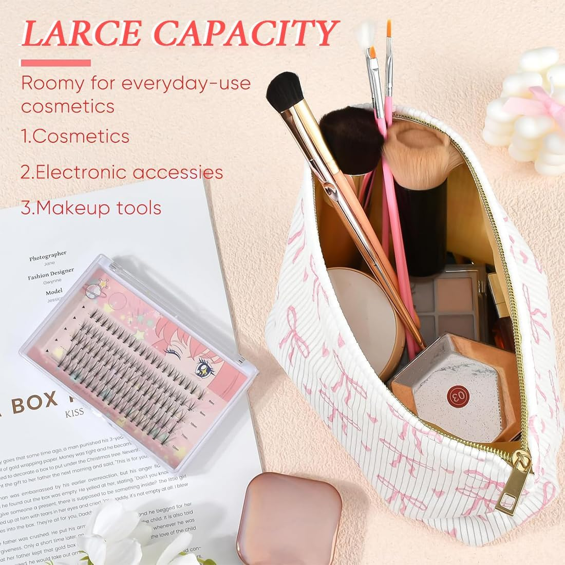 JYNVO Cosmetic Bag Small Bow Make up Bag Women Girls Makeup Bag Organiser for Travel Gift - Pink image number 2