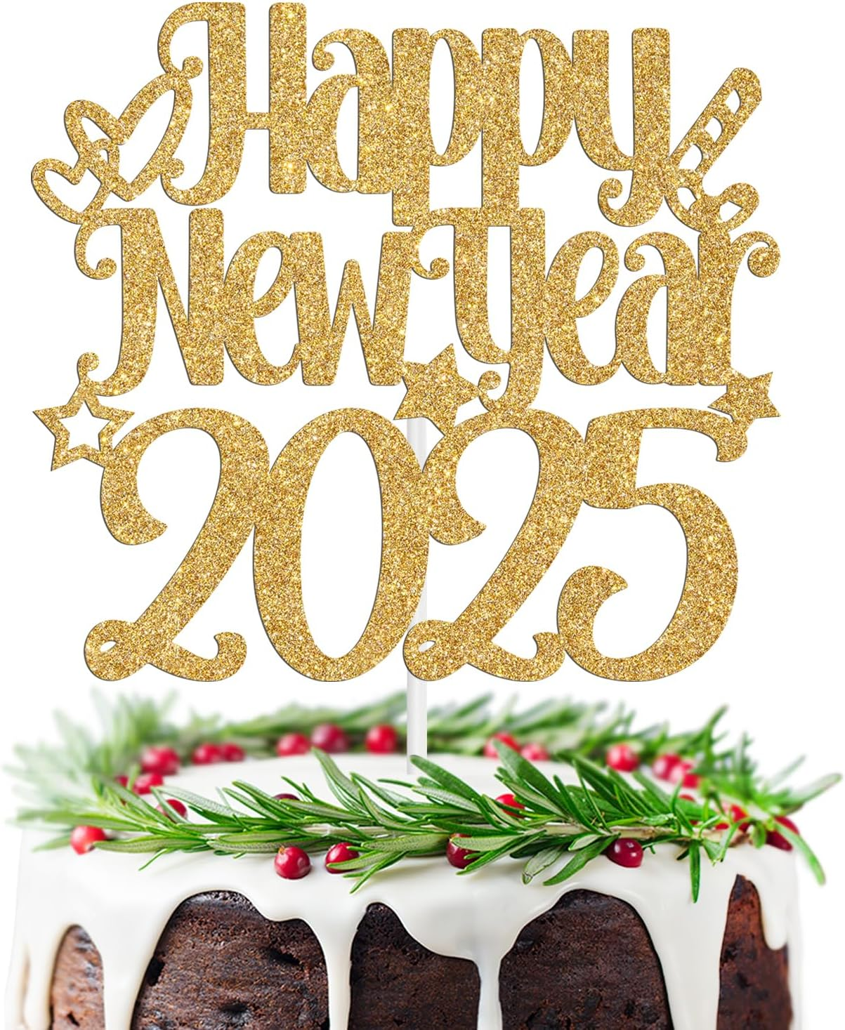 Happy New Year 2025 Cake Topper, Happy Holiday/Merry Christmas Cake Decor, New Year'S Eve Festival Party Decoration Suppllies, Gold Glitter