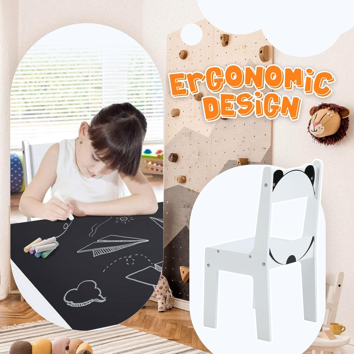 Kidbot Kids Table and 2 Chairs Set Wooden Toddler Desk with Storage Furniture Children Activity Centre for Study Drawing Reading Panda Cartoon Shape