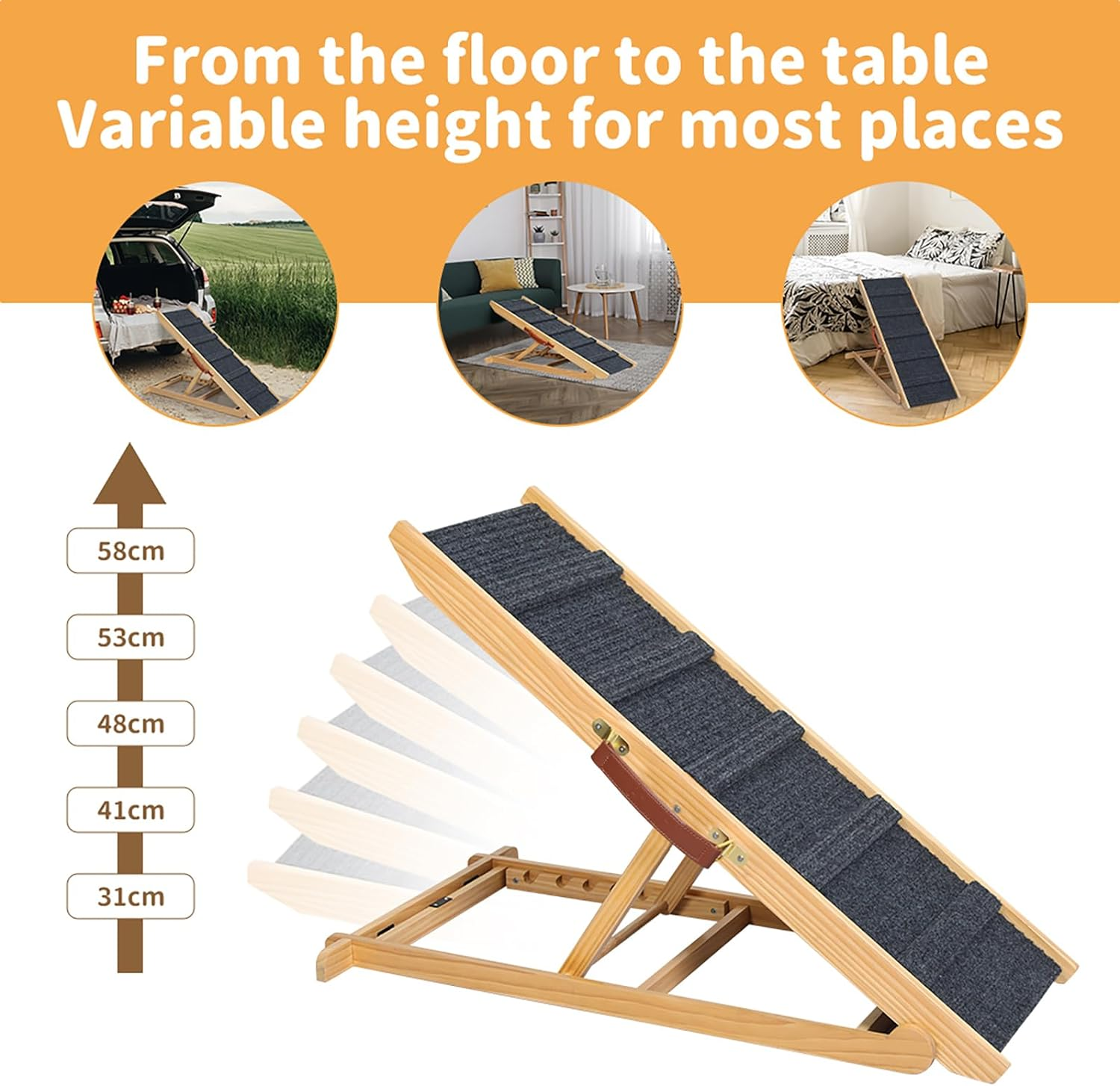 Pawz 100Cm Pet Ramp for Bed,5 Adjustable Height Dog Stair for Couch,Dog Ramp for High Bed Small Large Dog, Natural Wooden Folding Portable Cat Ramp Sofa，Non Slip Carpet Surface,Pu Handle,90Kg Capacity image number 6