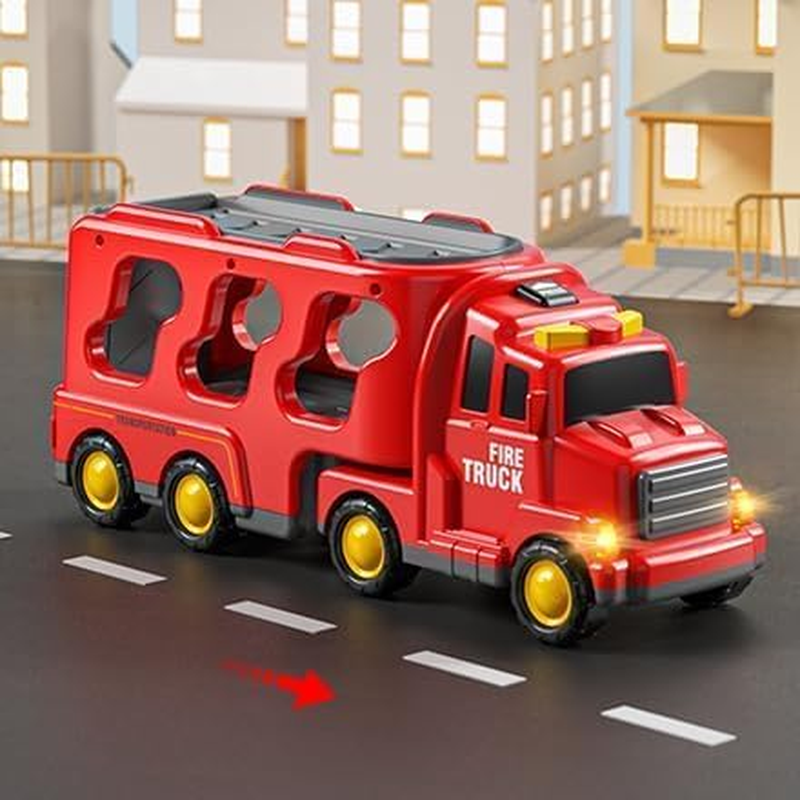 JUKUDAHU 5-In-1 Fire Trucks Car Toys for Kids 2 3 4 5 6 7 Years Old - Transport Vehicle Carrier Truck for Toddlers 3-5 Year Old, Boy Trucks Play Sets, Kids Gifts Toys for Boys Girls Aged 4-6 5-7