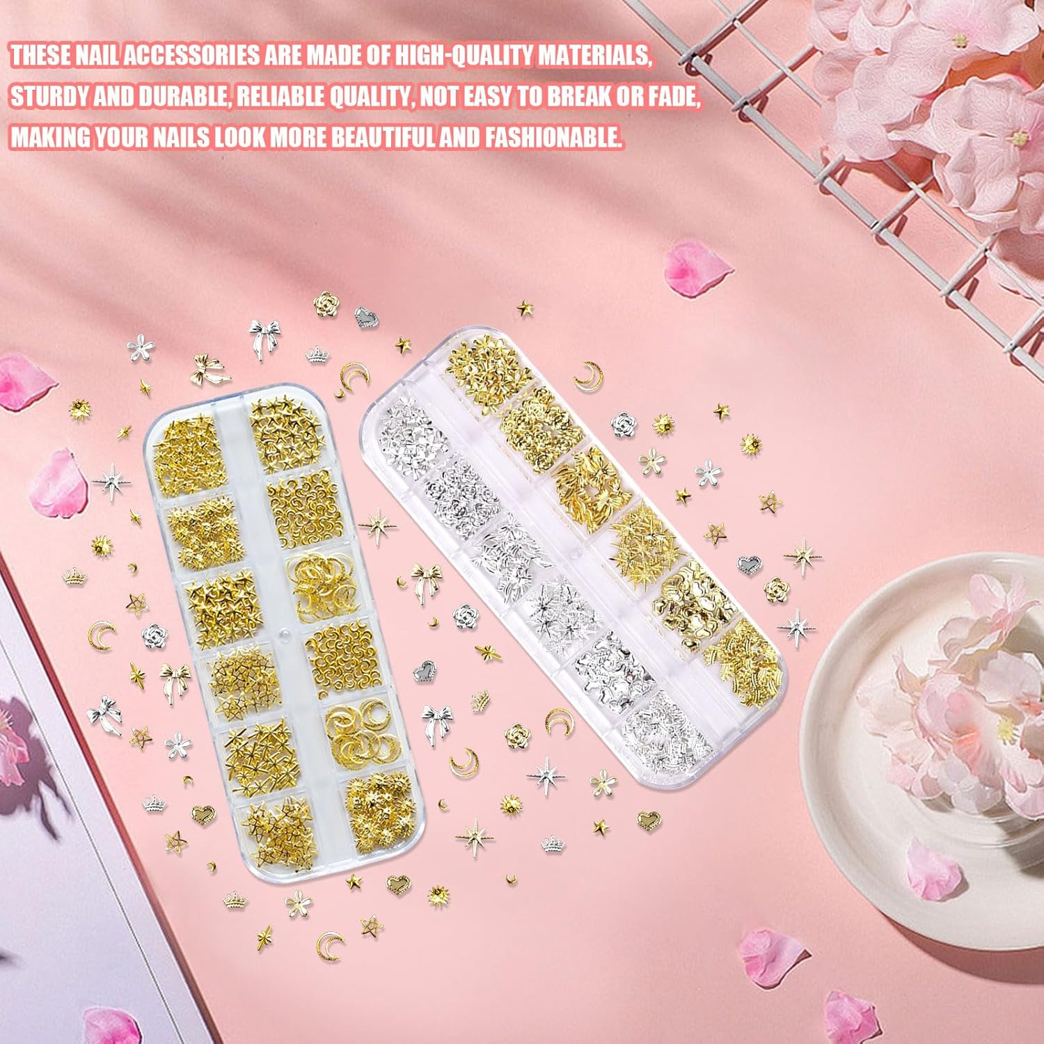 Gold Silver Nail Charms, 2 Boxes 24 Grid Star Heart Flowers Bows Nails Charm Nail Studs, Punk Metal Alloy Nail Gemstone Bow Knot Moon Decoration Accessories for Nail Design DIY Crafts image number 2