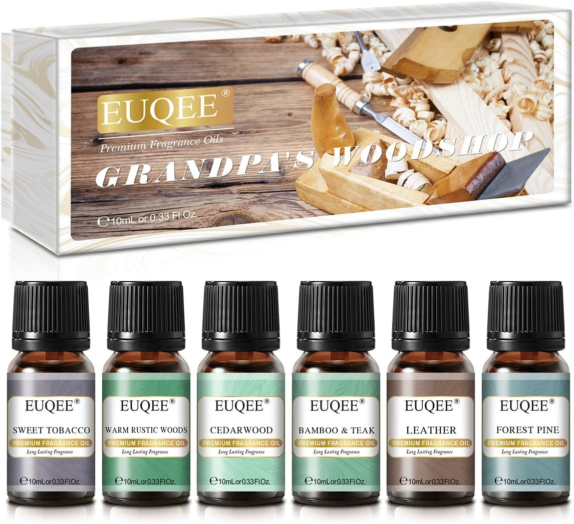EUQEE Fragrance Oils Gift Set Premium Woody Scented Oil - Forest Pine, Warm Rustic Woods, Bamboo & Teak, Cedarwood, Leather, Sweet Tobacc, for Diffuser, Soap Making, Candle (6X10Ml) image number 1