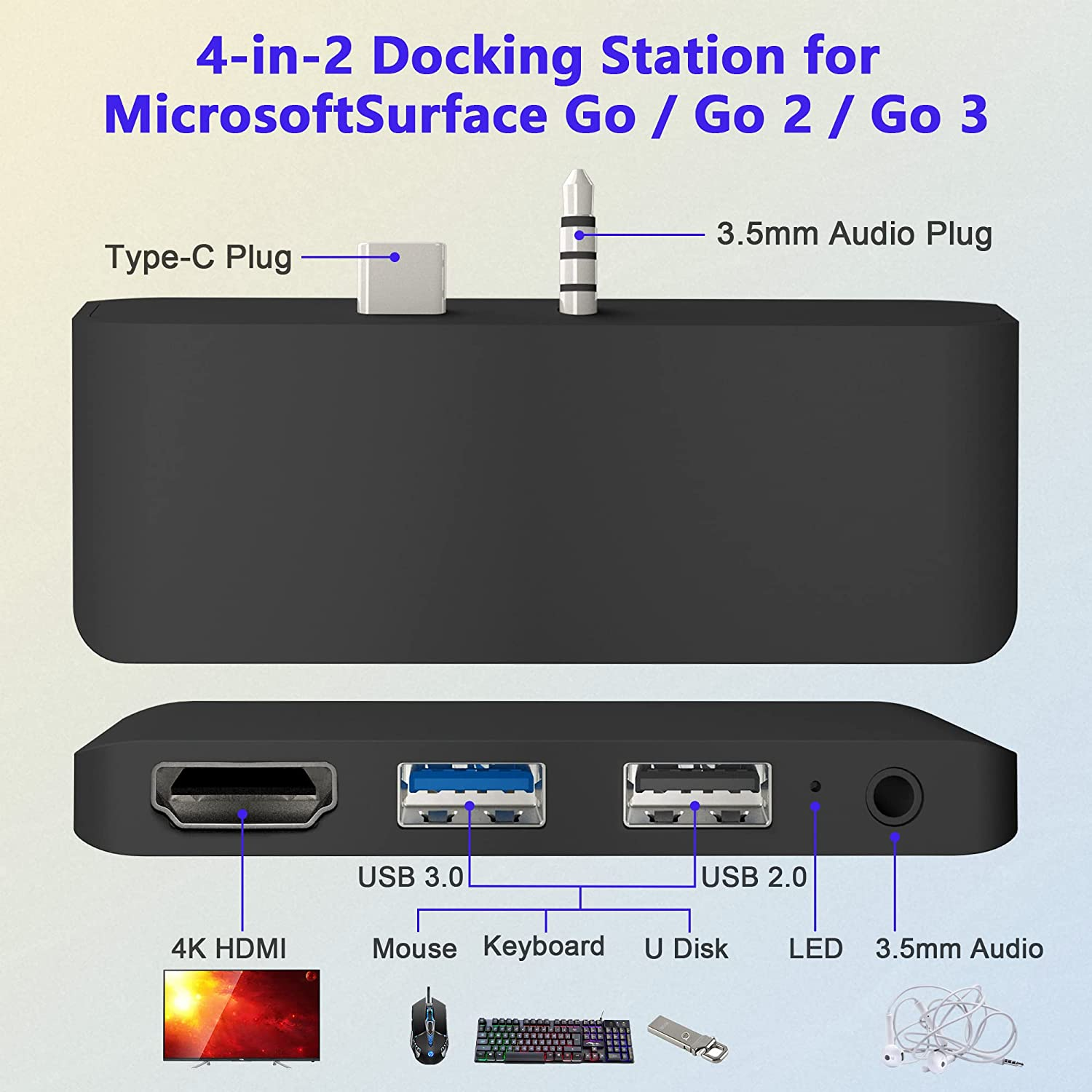 Surface Go 3 Docking Station, 4 in 1 Microsoft Surface Go Accessories with 4K HDMI + USB3.0 Hub + 3.5Mm Audio, USB Adapter for Surface Go/Go 2/Go 3 image number 2