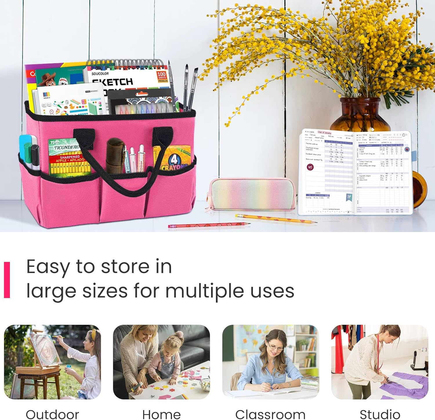 Godery Desktop Tote and Stock Organize, Teacher Helper Tote Bag Organization for Arts, Books, Stationery, Etc, and Office Desk Organize, Make-Up Storage Tote with Handles for Travel (PINK) image number 3