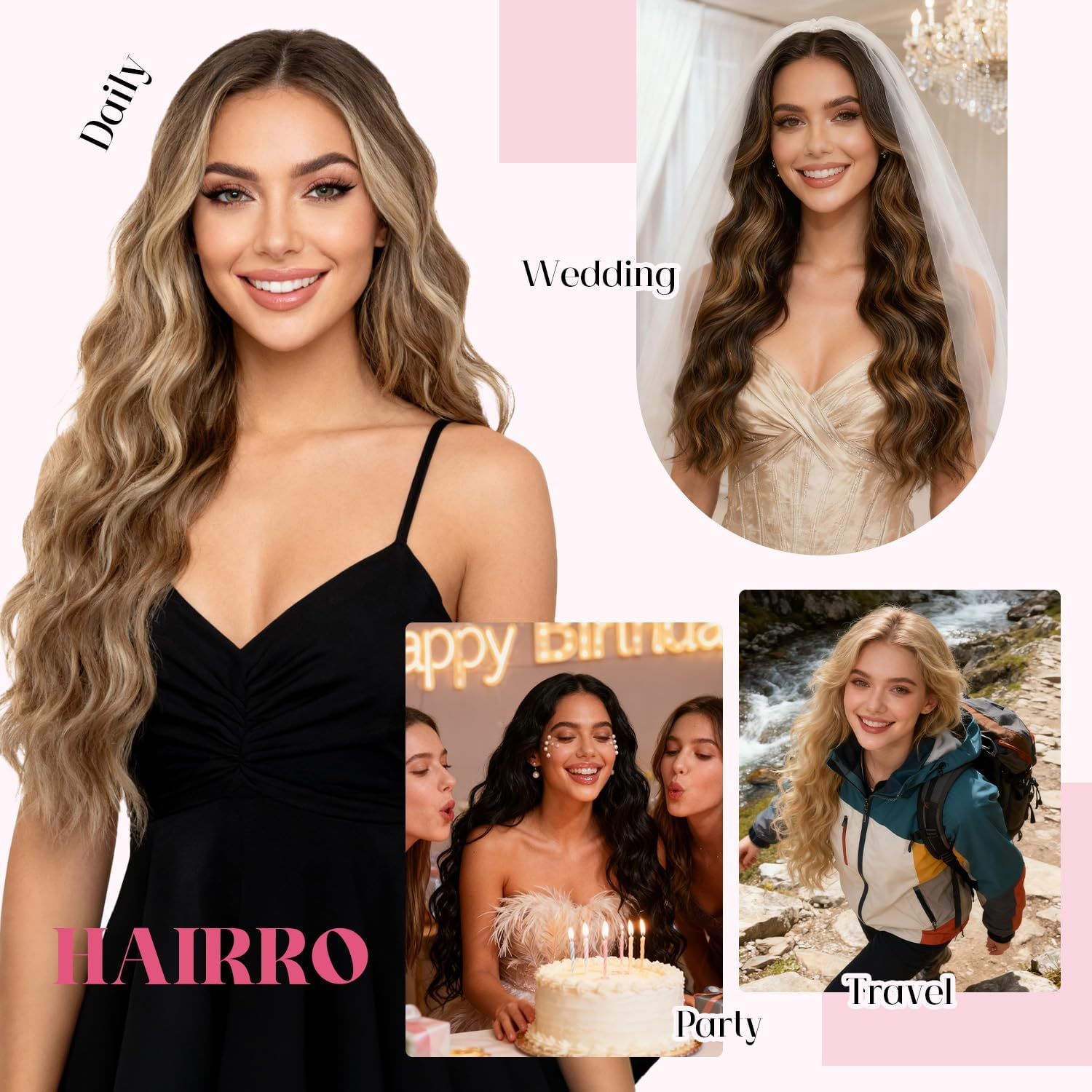 Hairro Clip in Hair Extensions, 20 Inch Long Wavy Hairpieces, Natural & Soft, 4PCS Black Mixed Light Brown Hair Extensions, 200G - Light Brown Mixed Blonde image number 5