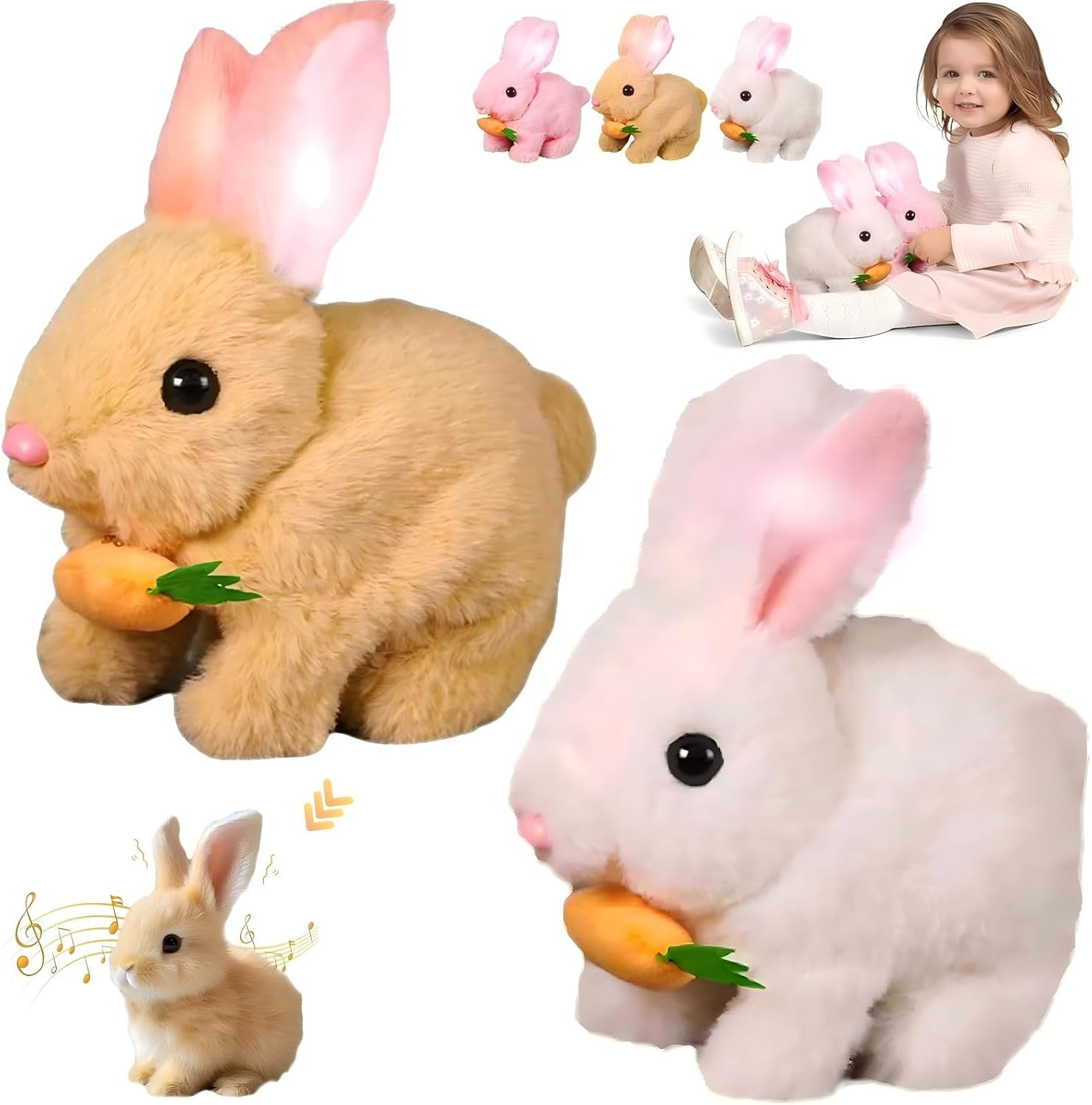 Bunny Toy - 2Pcs Easter My Realistic Bunny Toy, Plush Interactive Rabbit Toys - Can Walk, Talk,Jumping, Twitching, and Shaking Ears, Bunbi Realistic Toys (White & Pink)