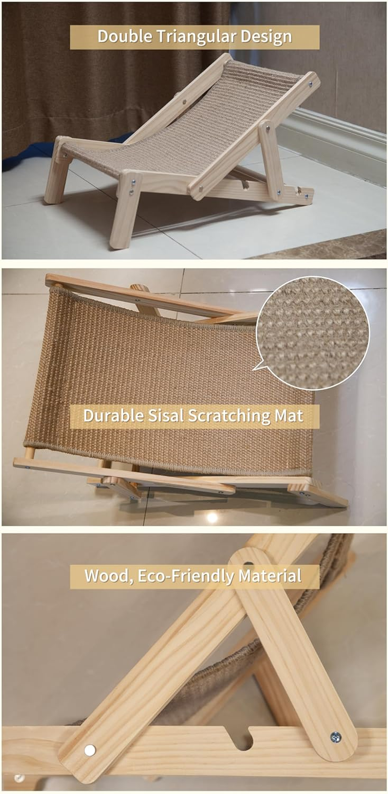 V-Select-In Cat Sisal Chair, Cat Hammock, Adjustable Cat Bed, Foldable Cat Lounger with Sisal Scratcher, Wooden Beach Cat Chair with Durable Scratching Mat, Cat Perch for Small Cats & Kittens. image number 3